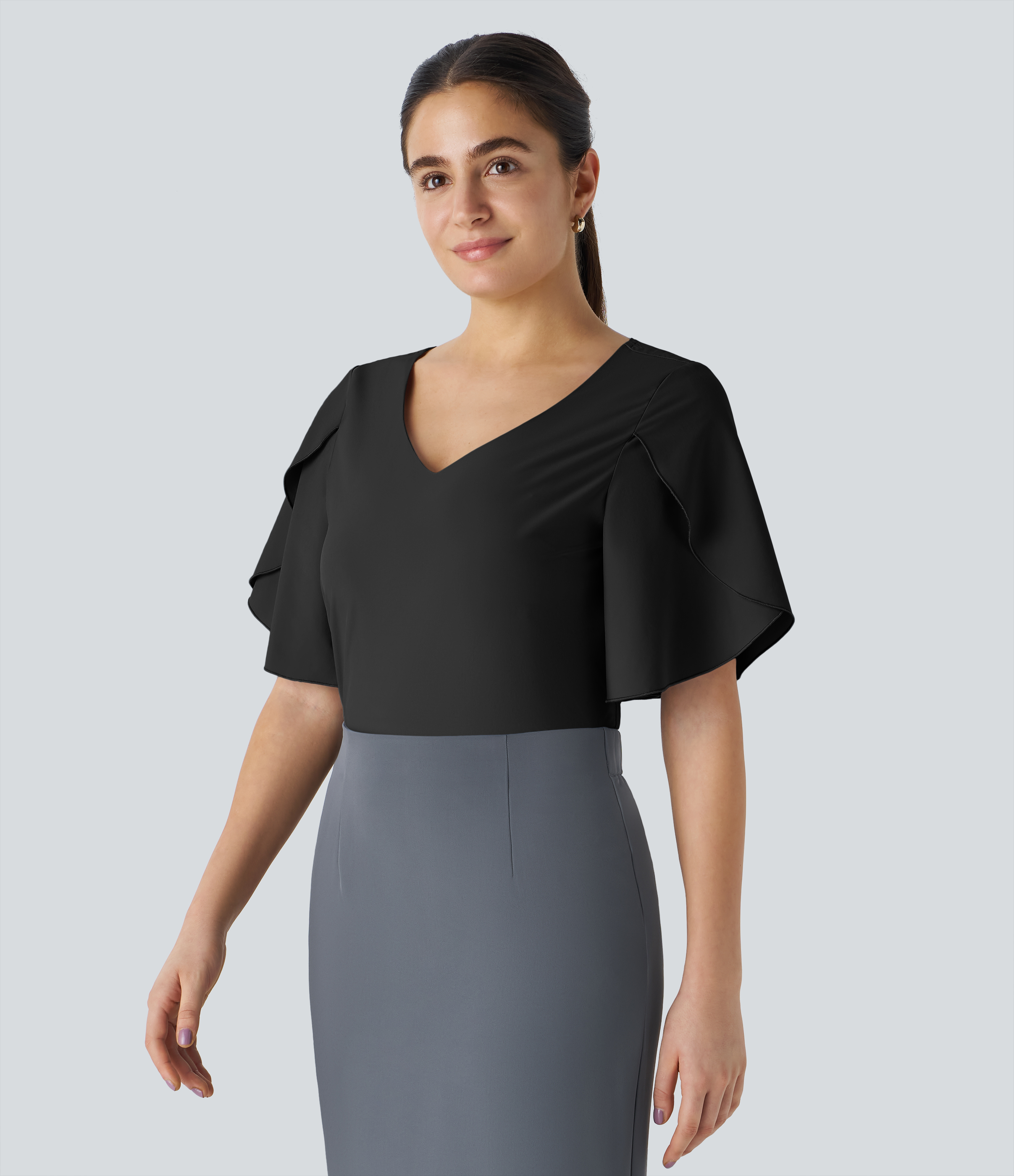 Halara Breezefulв„ў V Neck Ruffle Short Sleeve Quick Dry Work Blouse  - Black - S 