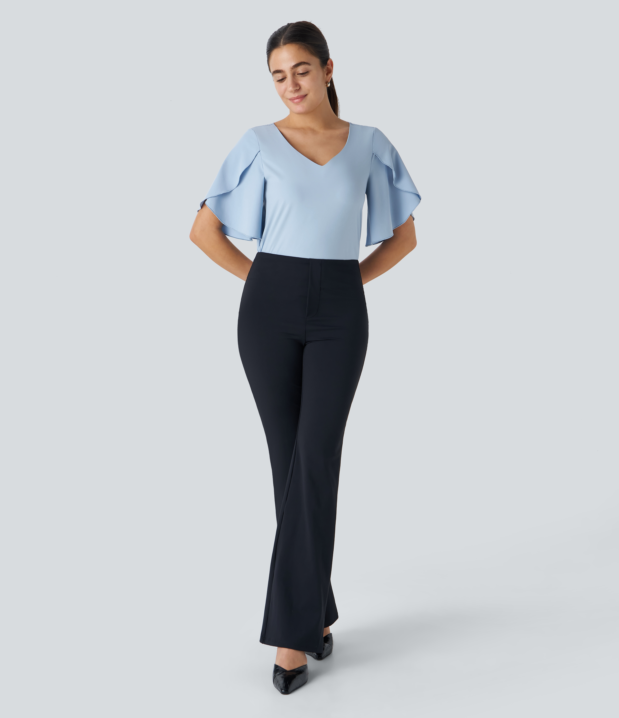 Halara Breezefulв„ў V Neck Ruffle Short Sleeve Quick Dry Work Blouse  - Ballad Blue - S 