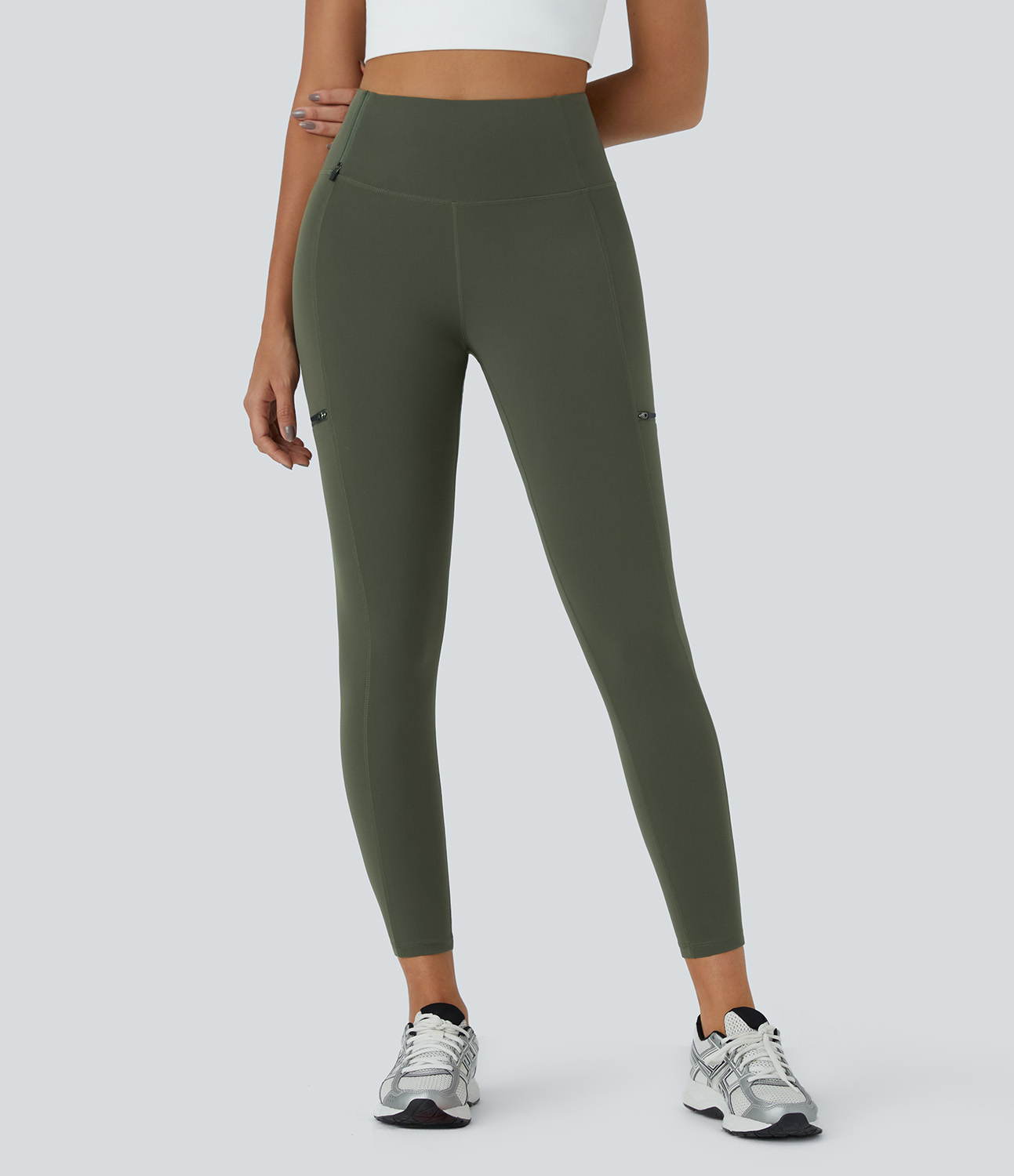 Halara High Waisted Multiple Zipper Pockets 7/8 Running Leggings  - Beachgrass Green - S(7/8) gym leggings leggings with pockets 