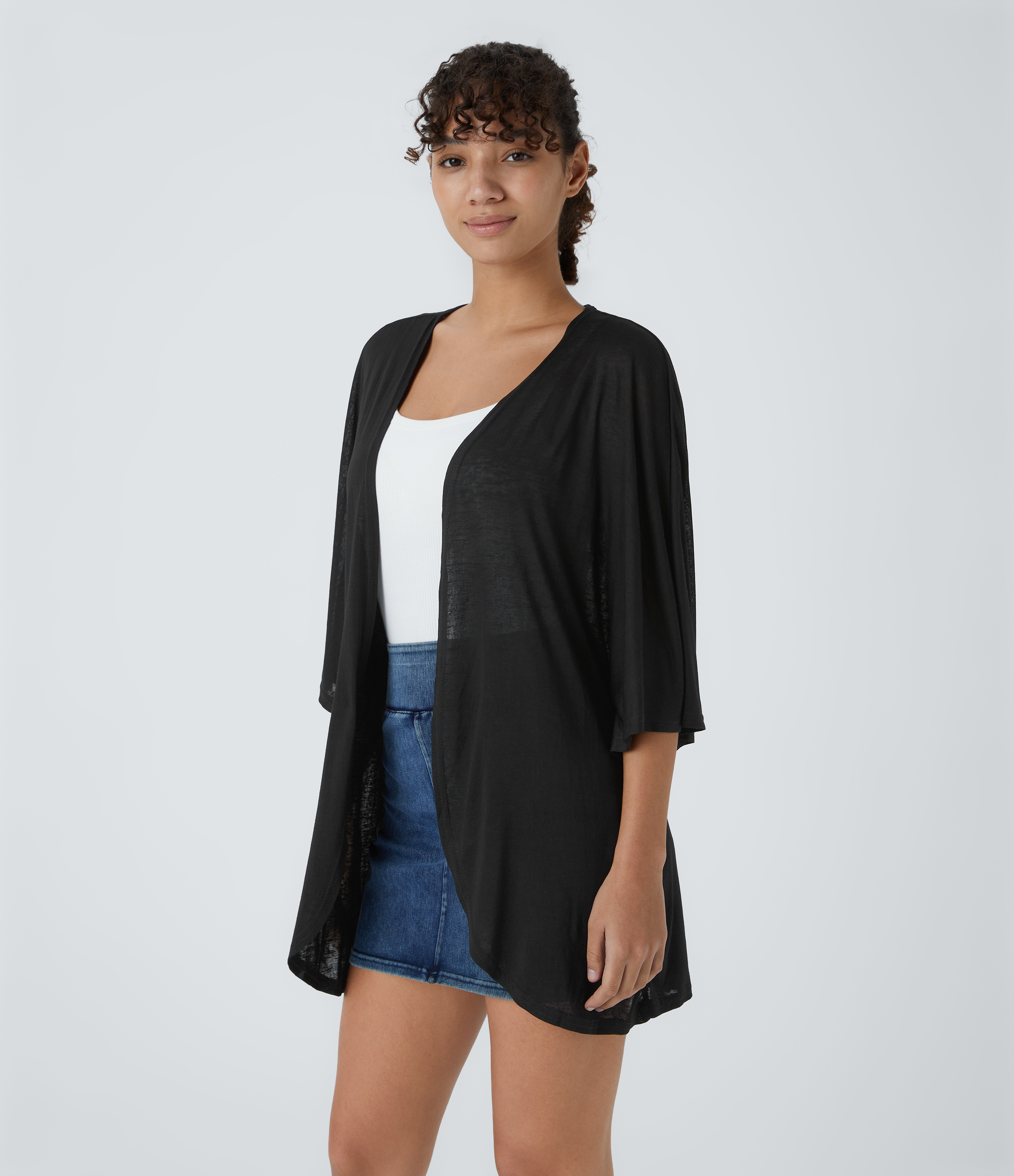 Halara Sheer Three Quarter Sleeve Casual Kimono Cardigan  - Black - S 