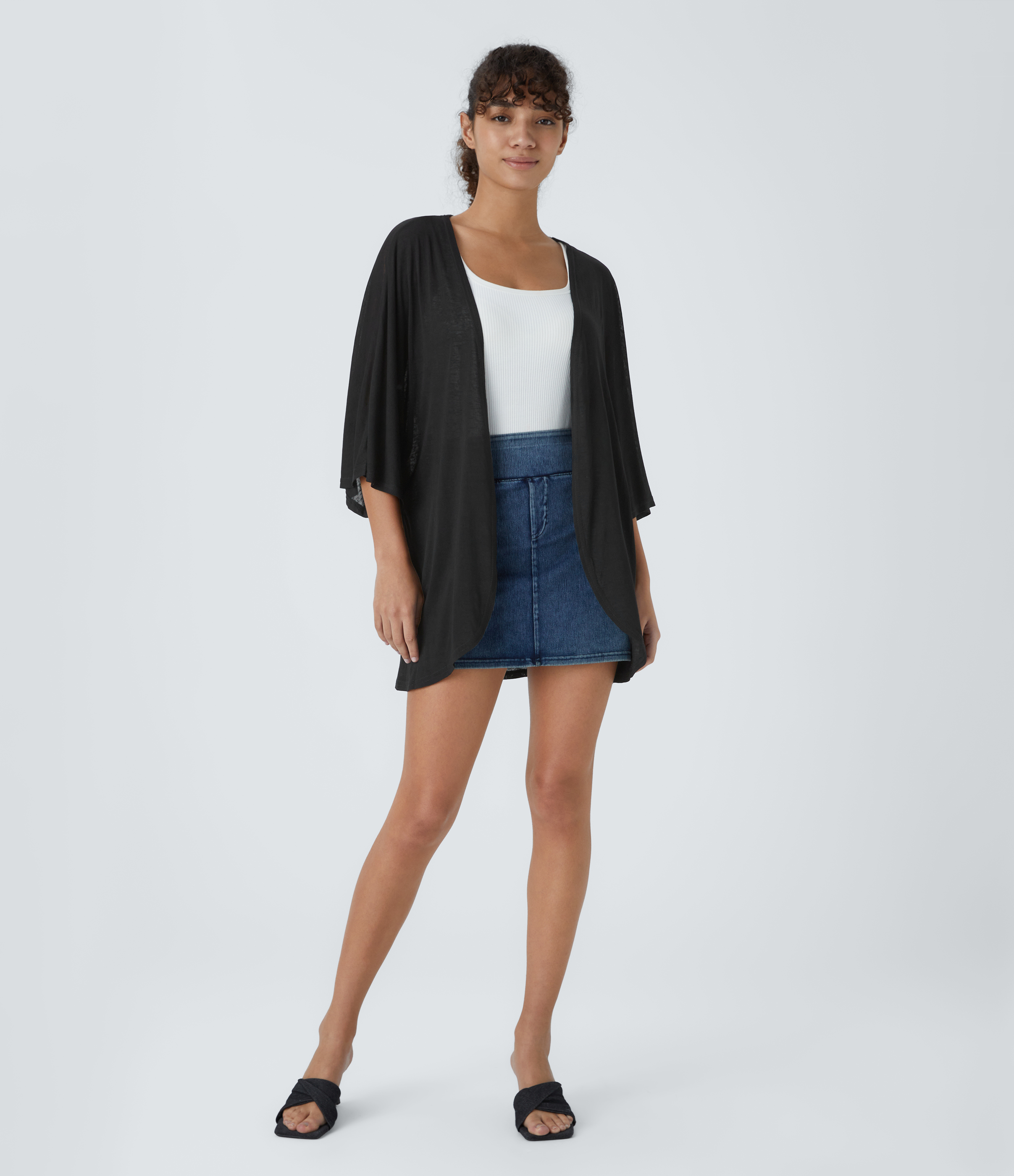 Halara Sheer Three Quarter Sleeve Casual Kimono Cardigan  - Black - S 
