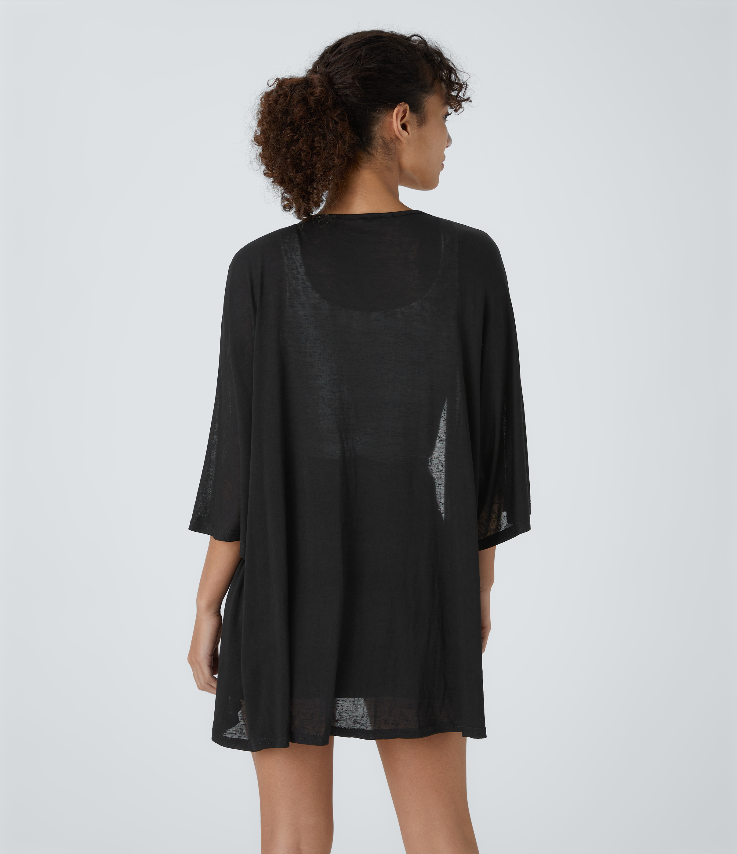 Halara Sheer Three Quarter Sleeve Casual Kimono Cardigan  - Black - S 