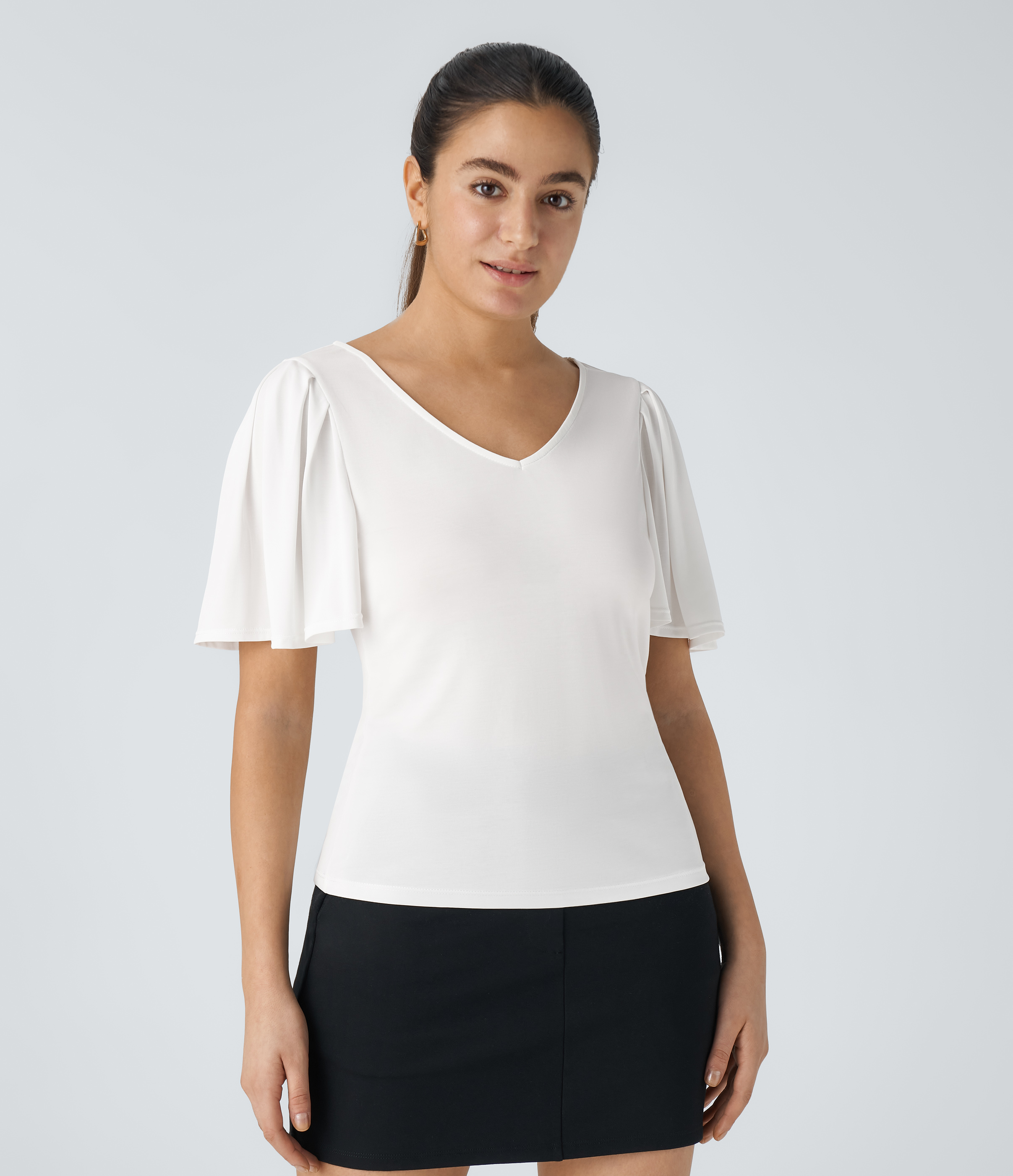 Halara V Neck Butterfly Sleeve Solid Work Top Tank Top - White - XS golf tops halter top tunic tops sleeveless tops backless top 