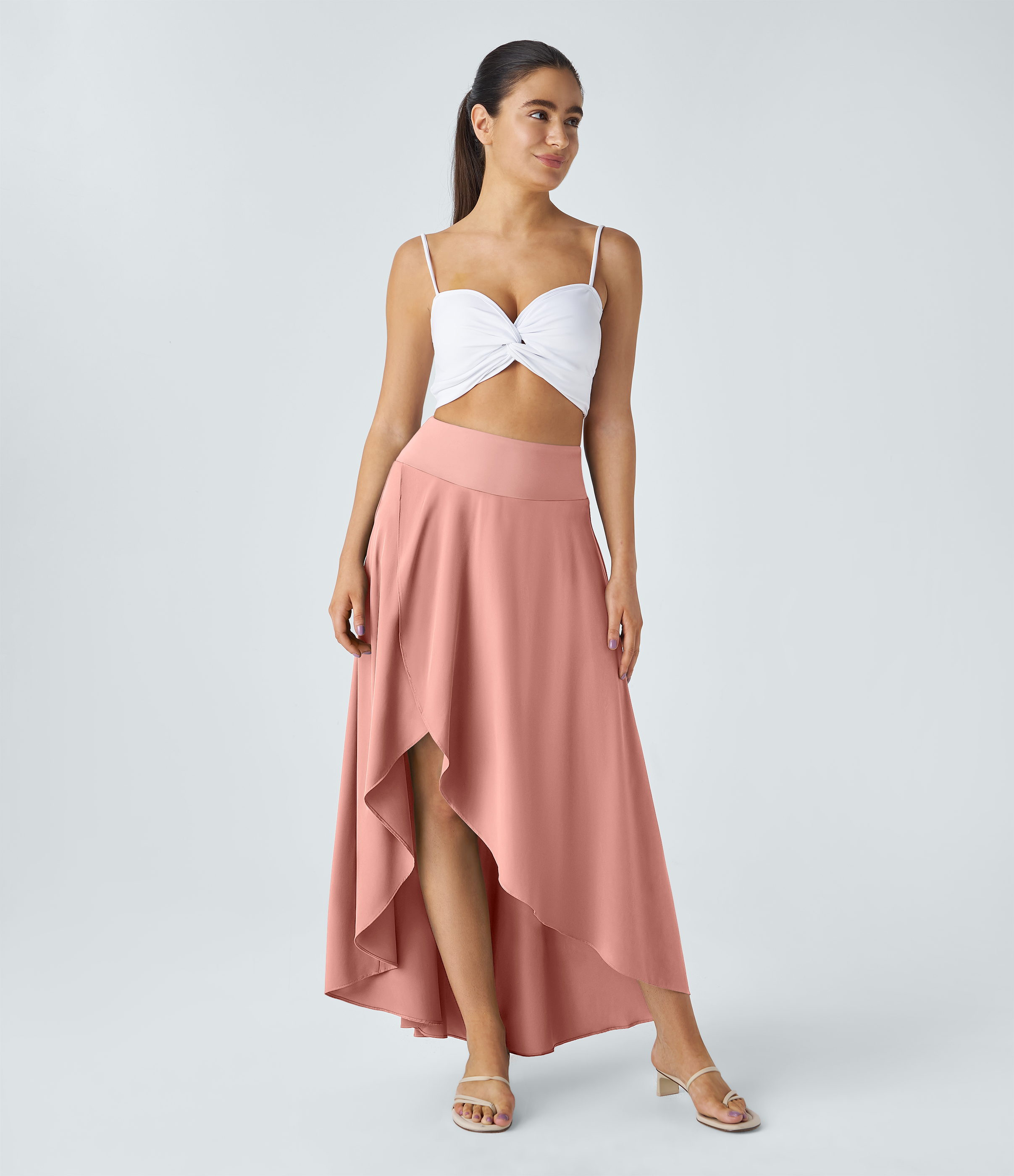 Halara Breezefulв„ў High Waisted High Low Ruffle 2-in-1 Flowy Quick Dry Casual Regular Maxi Skirt  - Peach Melba - XL(regular) 