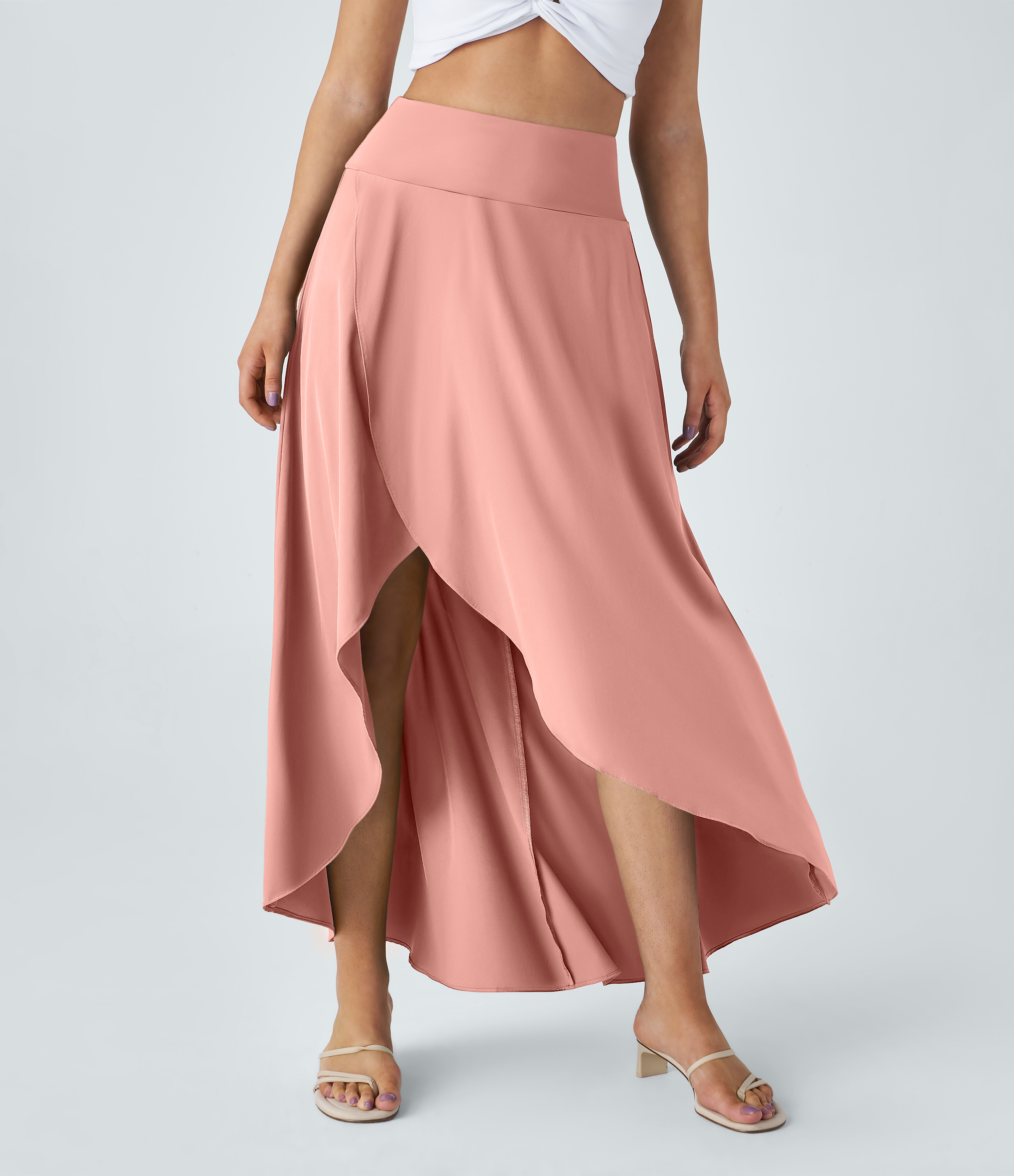 Halara Breezefulв„ў High Waisted High Low Ruffle 2-in-1 Flowy Quick Dry Casual Regular Maxi Skirt  - Peach Melba - XL(regular) 
