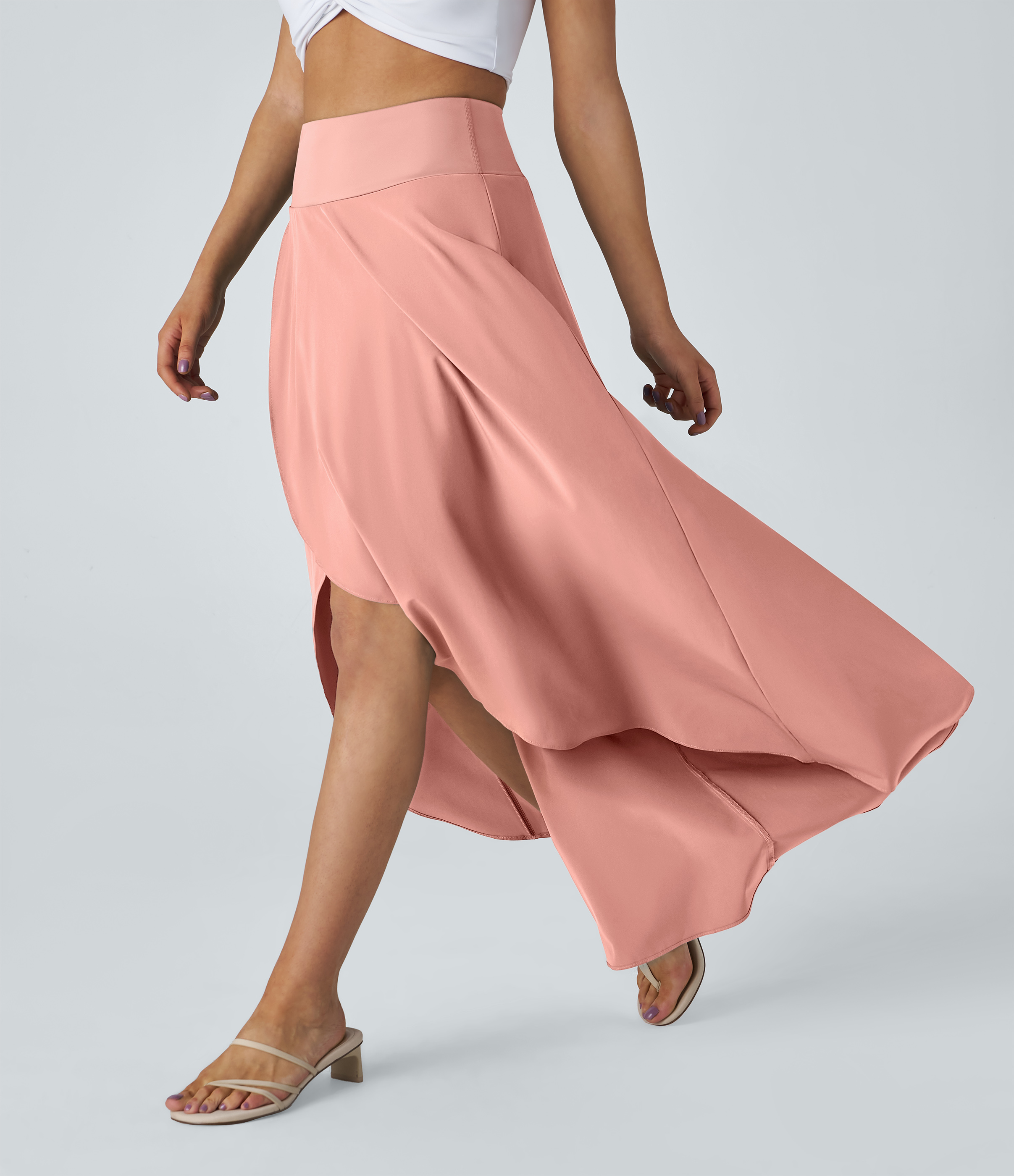Halara Breezefulв„ў High Waisted High Low Ruffle 2-in-1 Flowy Quick Dry Casual Regular Maxi Skirt  - Peach Melba - XL(regular) 