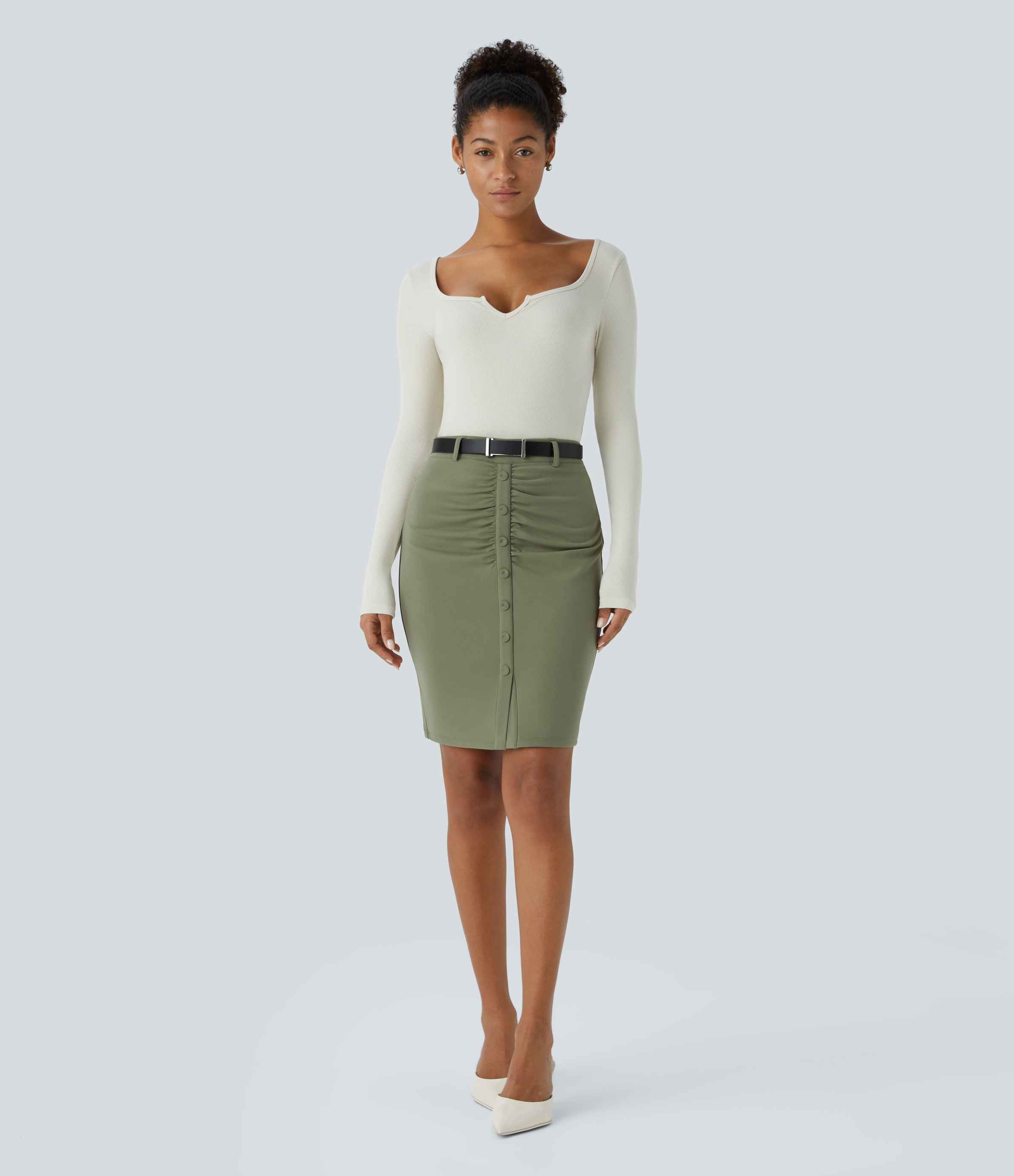 Halara High Waisted Decorative Button Ruched Split Hem Work Pencil Skirt  - Oil Green - S(regular) 