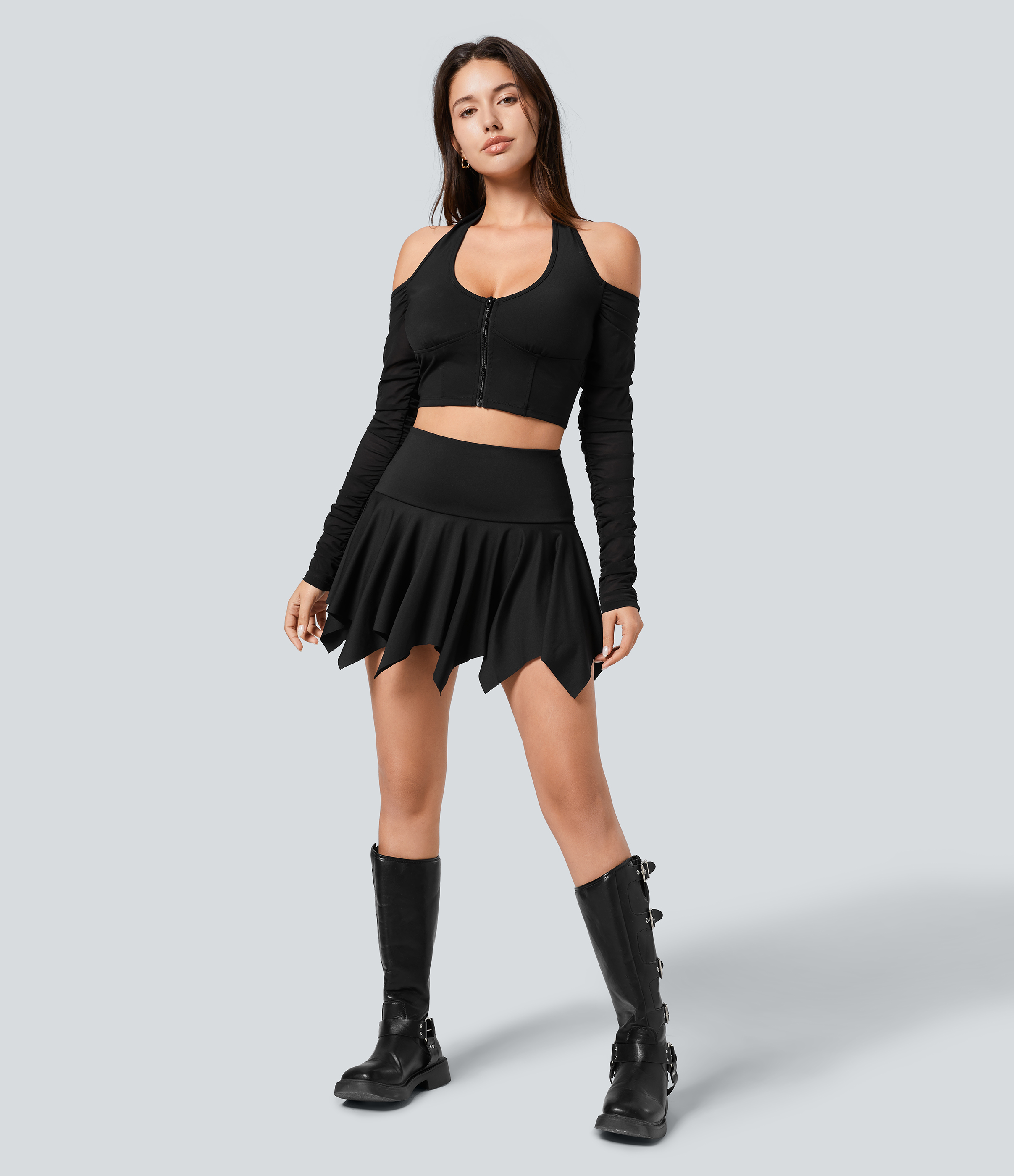 Halara High Waisted 2-in-1 Side Pocket Hanky Hem Micro Mini Dance Skirt  - Black - XS(regular) midi skirt a line skirt golfing skirt 