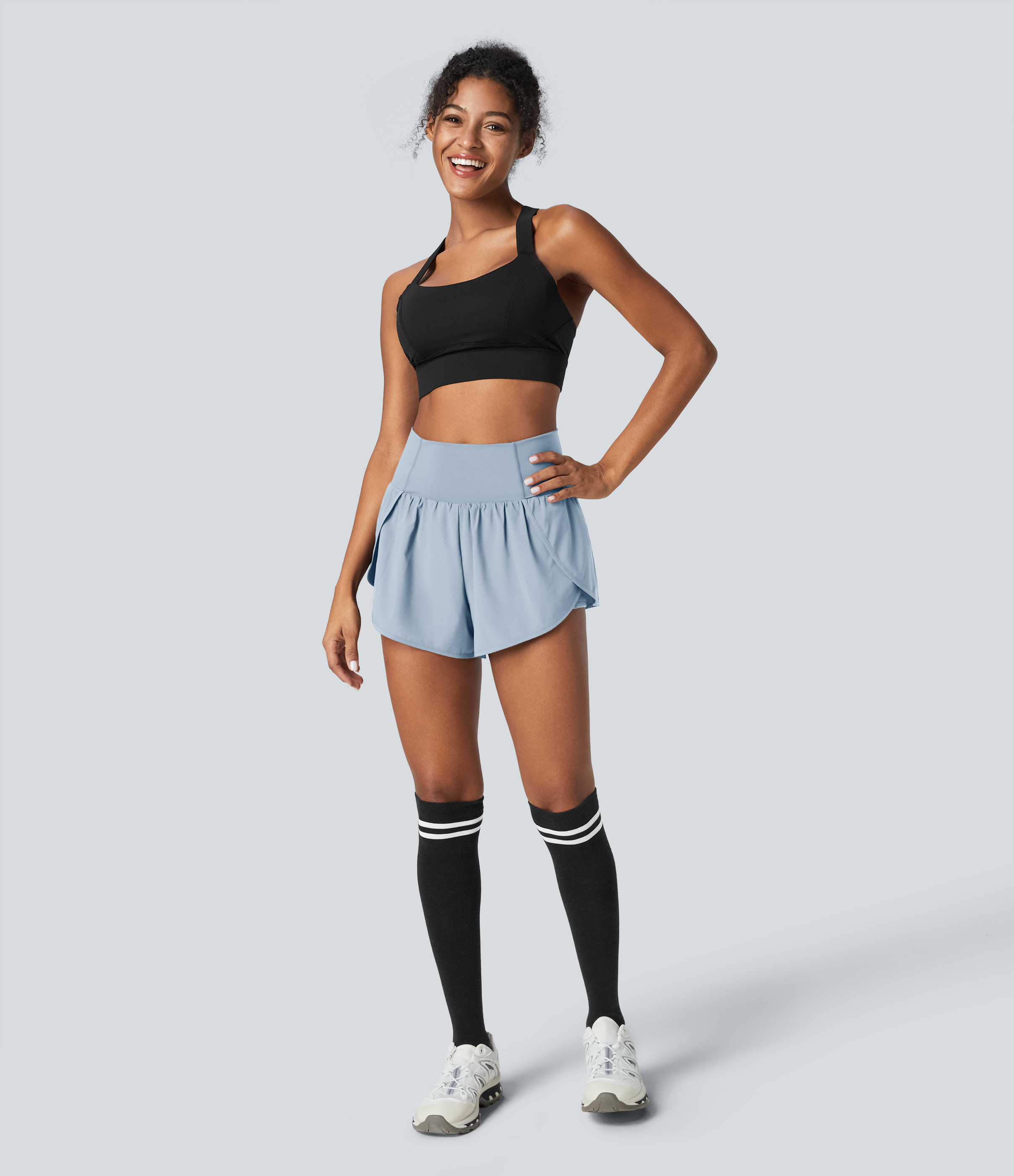 Halara Breezefulв„ў High Waisted Crossover Petal Hem 2-in-1 Side Pocket Quick Dry Yoga Shorts Gym Short - Thin Ice Blue - XL booty shorts 