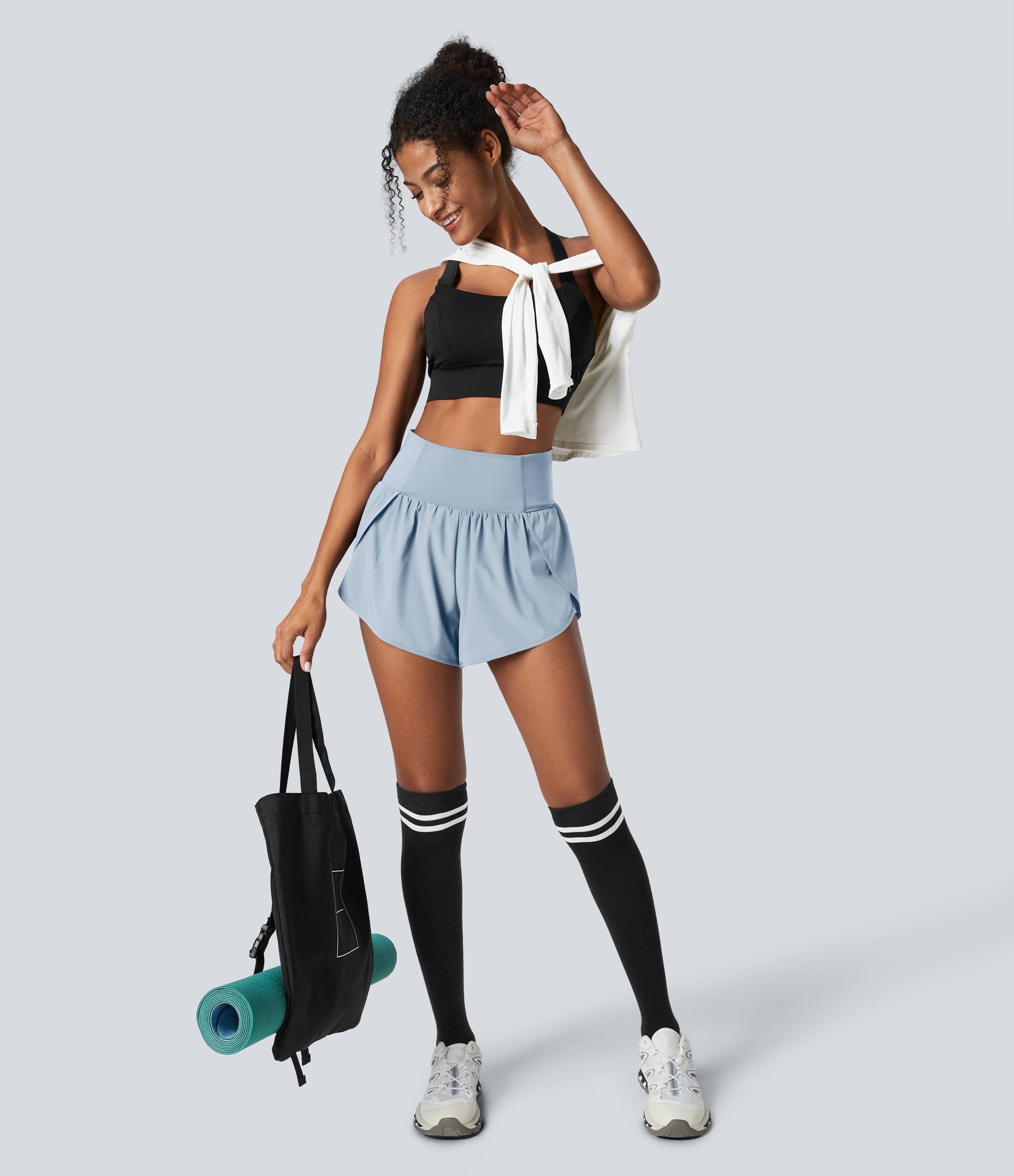 Halara Breezefulв„ў High Waisted Crossover Petal Hem 2-in-1 Side Pocket Quick Dry Yoga Shorts Gym Short - Thin Ice Blue - XL booty shorts 
