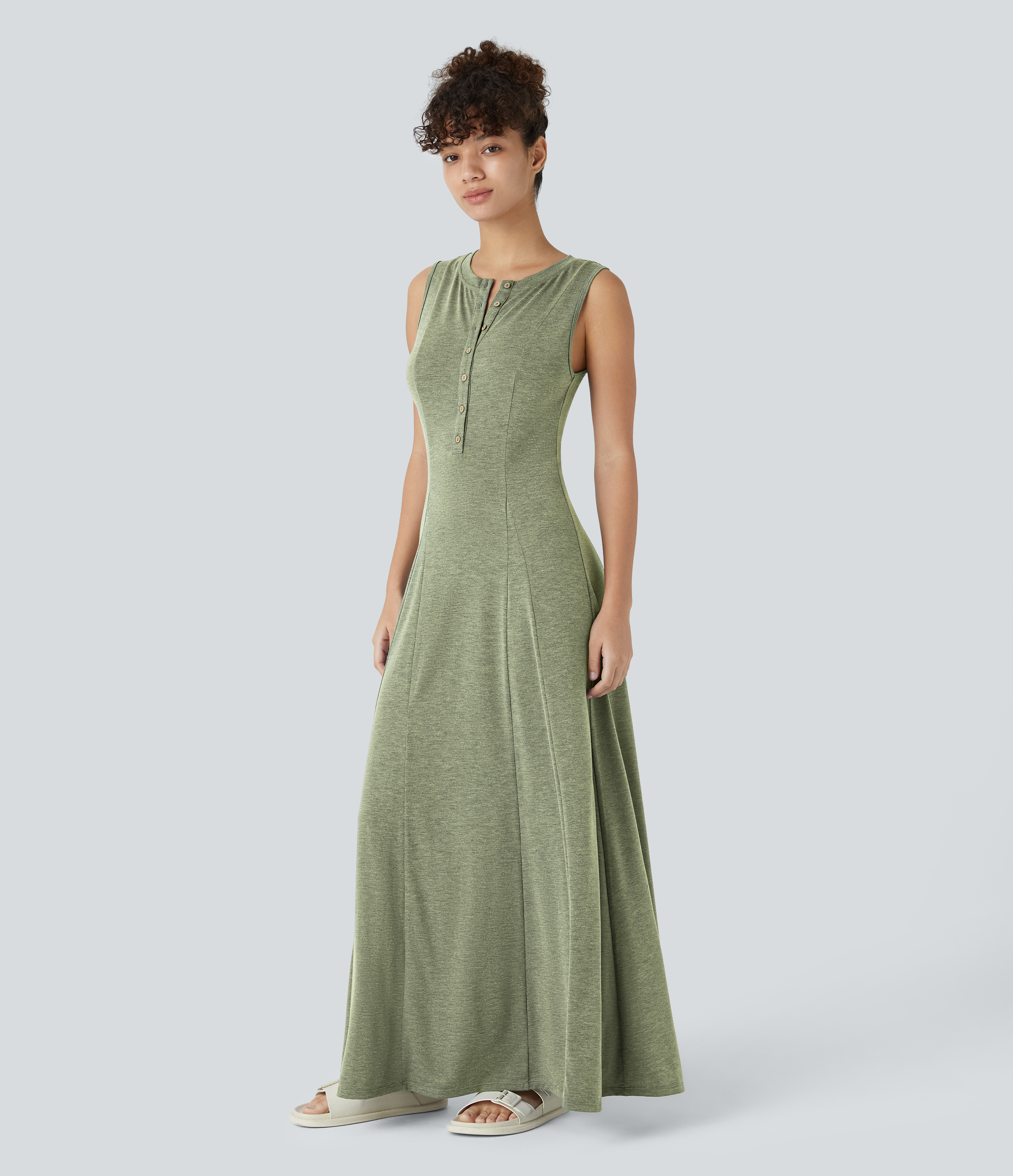 Halara Round Neck Button Sleeveless Flare Maxi Casual Dress Casual Dress - Light Green Floral Yarn - S slip dress beach dress ruched dress 