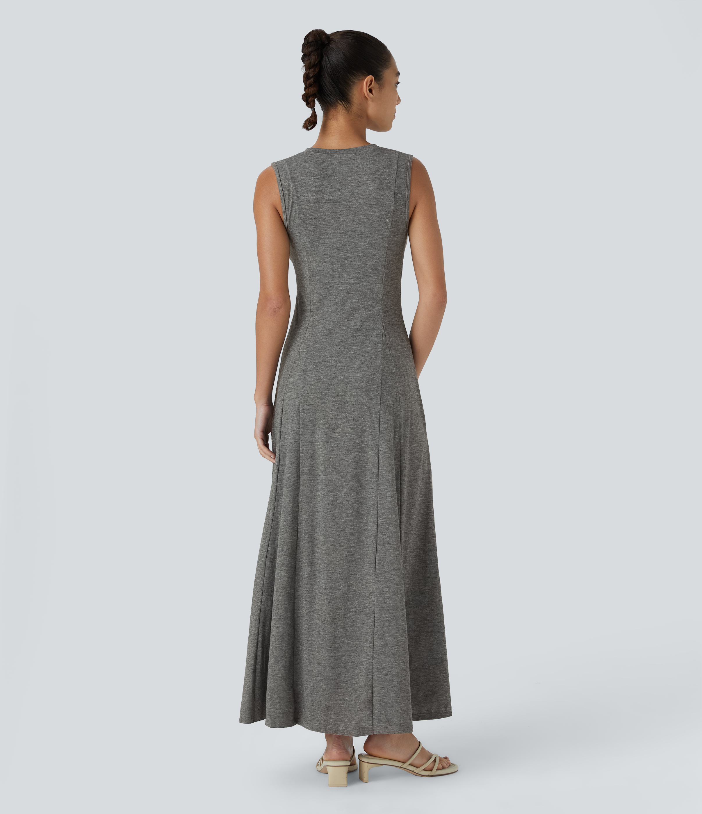 Halara Round Neck Button Sleeveless Flare Maxi Casual Dress Casual Dress - Darl Gray Floral Yarn - S slip dress beach dress ruched dress 