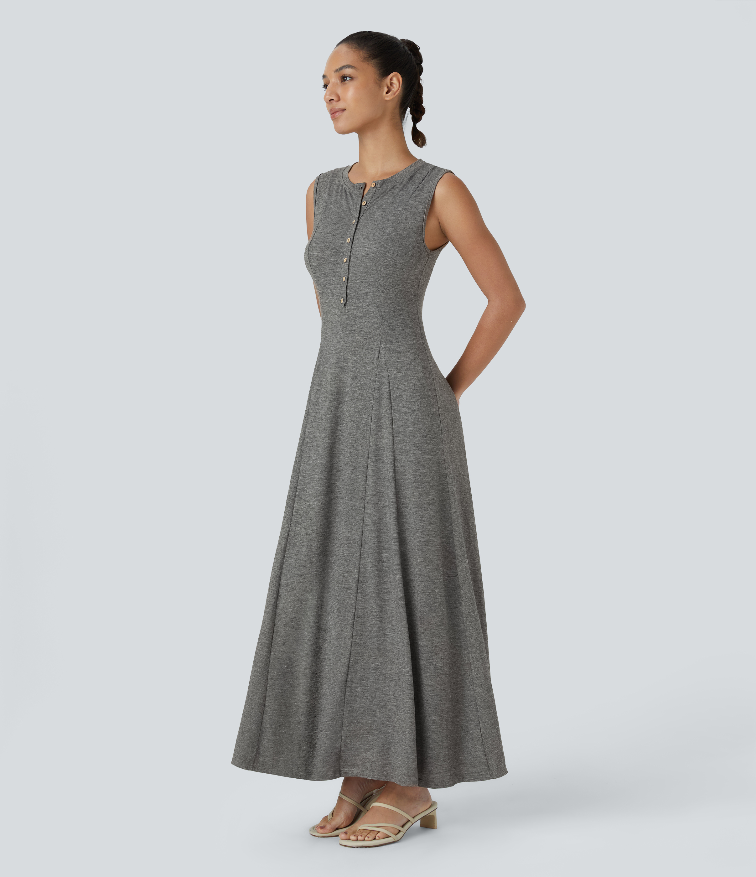 Halara Round Neck Button Sleeveless Flare Maxi Casual Dress Casual Dress - Darl Gray Floral Yarn - S slip dress beach dress ruched dress 