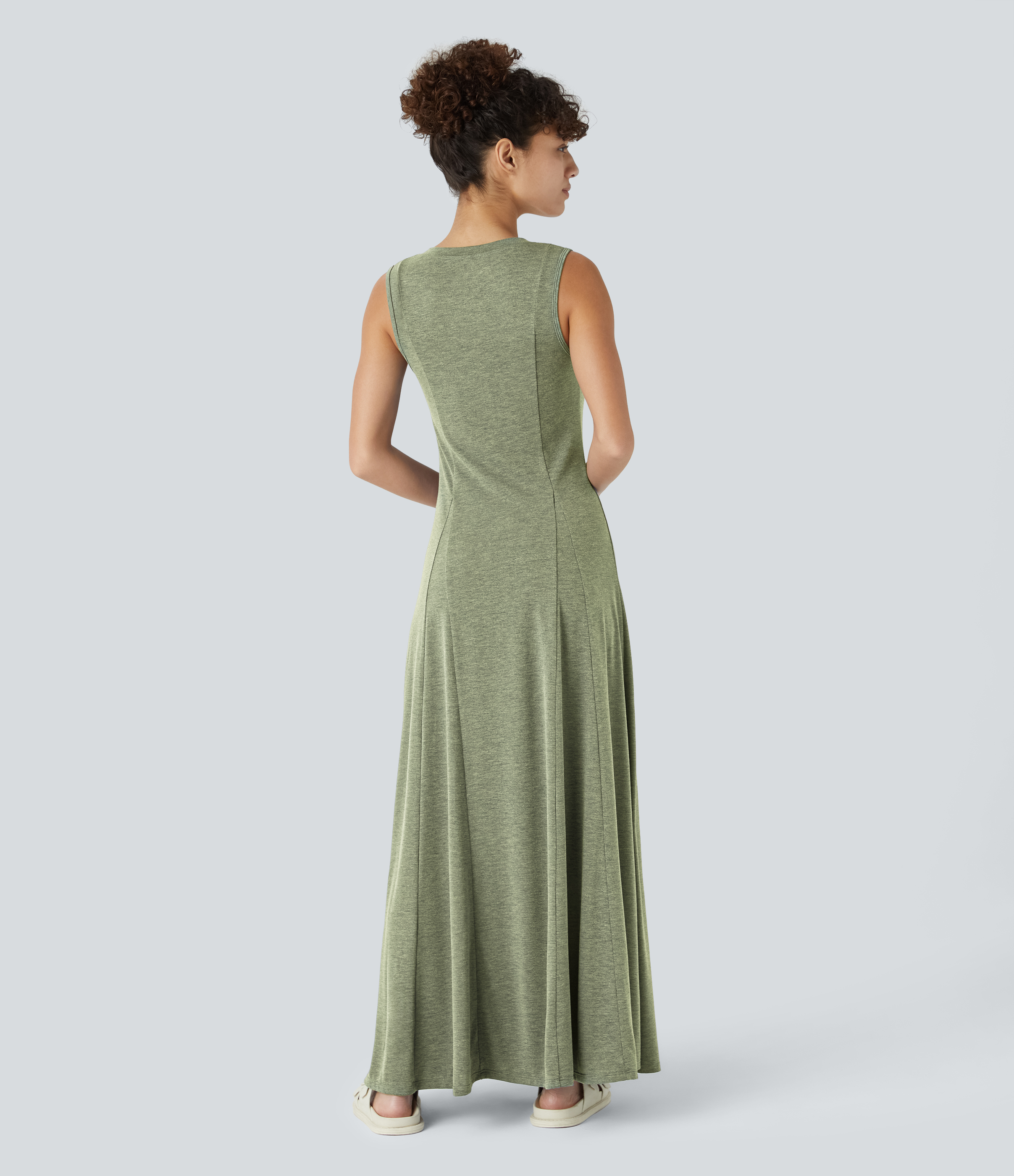 Halara Round Neck Button Sleeveless Flare Maxi Casual Dress Casual Dress - Light Green Floral Yarn - S slip dress beach dress ruched dress 