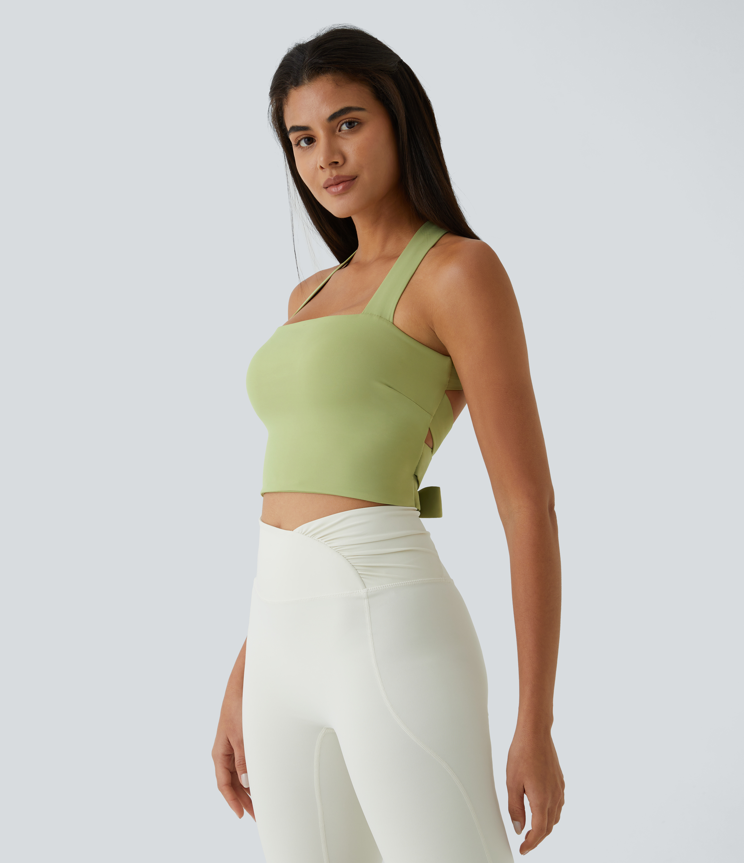 Halara Softlyzeroв„ў Airy Backless Padded Crisscross Tie Back Cool Touch Workout Cropped Tank Top Tank Top - Reed - XL golf tops halter top 