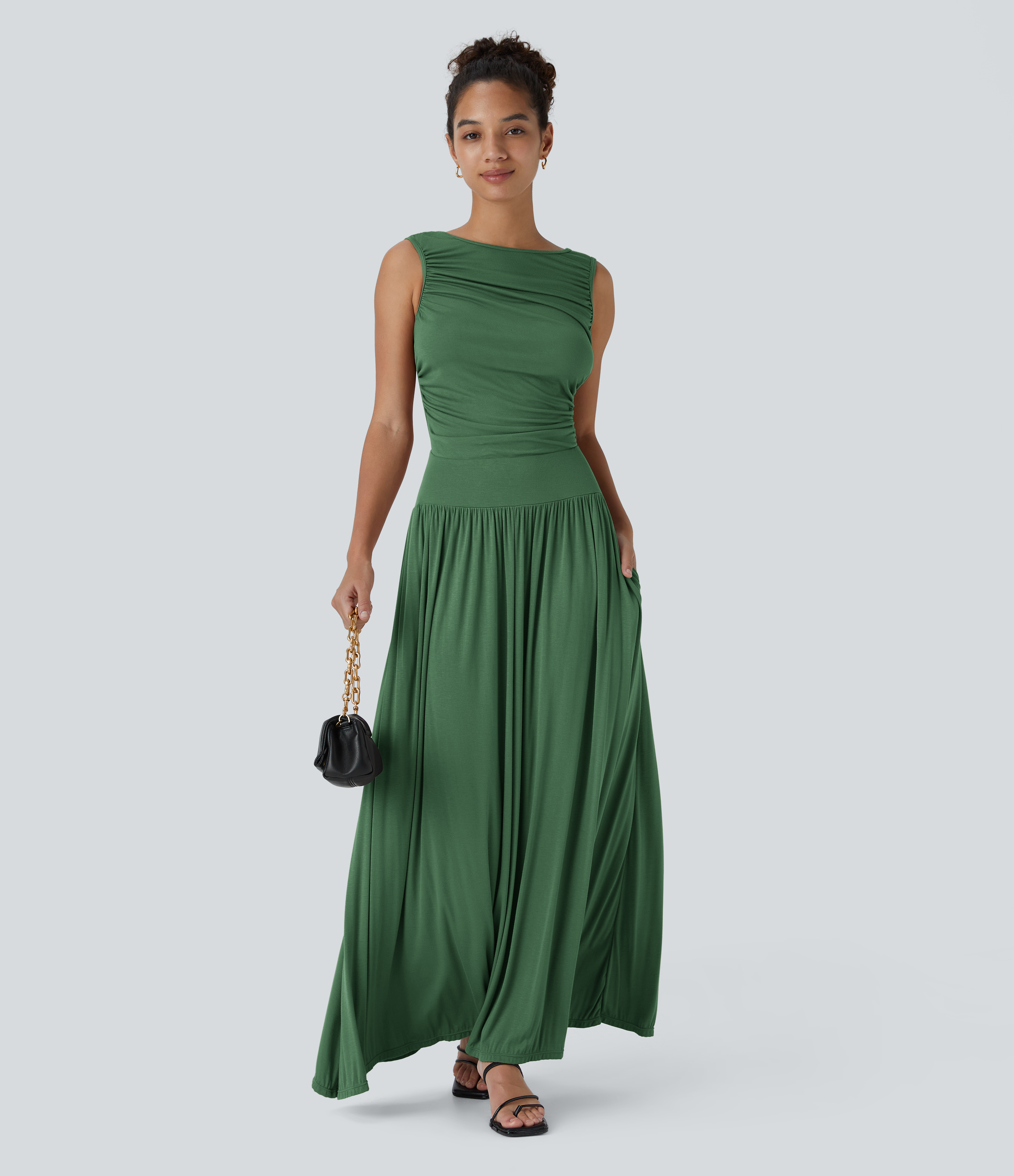 Halara Ribbed Boat Neck Ruched Side Pocket Flowy Maxi Casual Dress Casual Dress - Dark Verdant Green - L slip dress beach dress ruched dress 