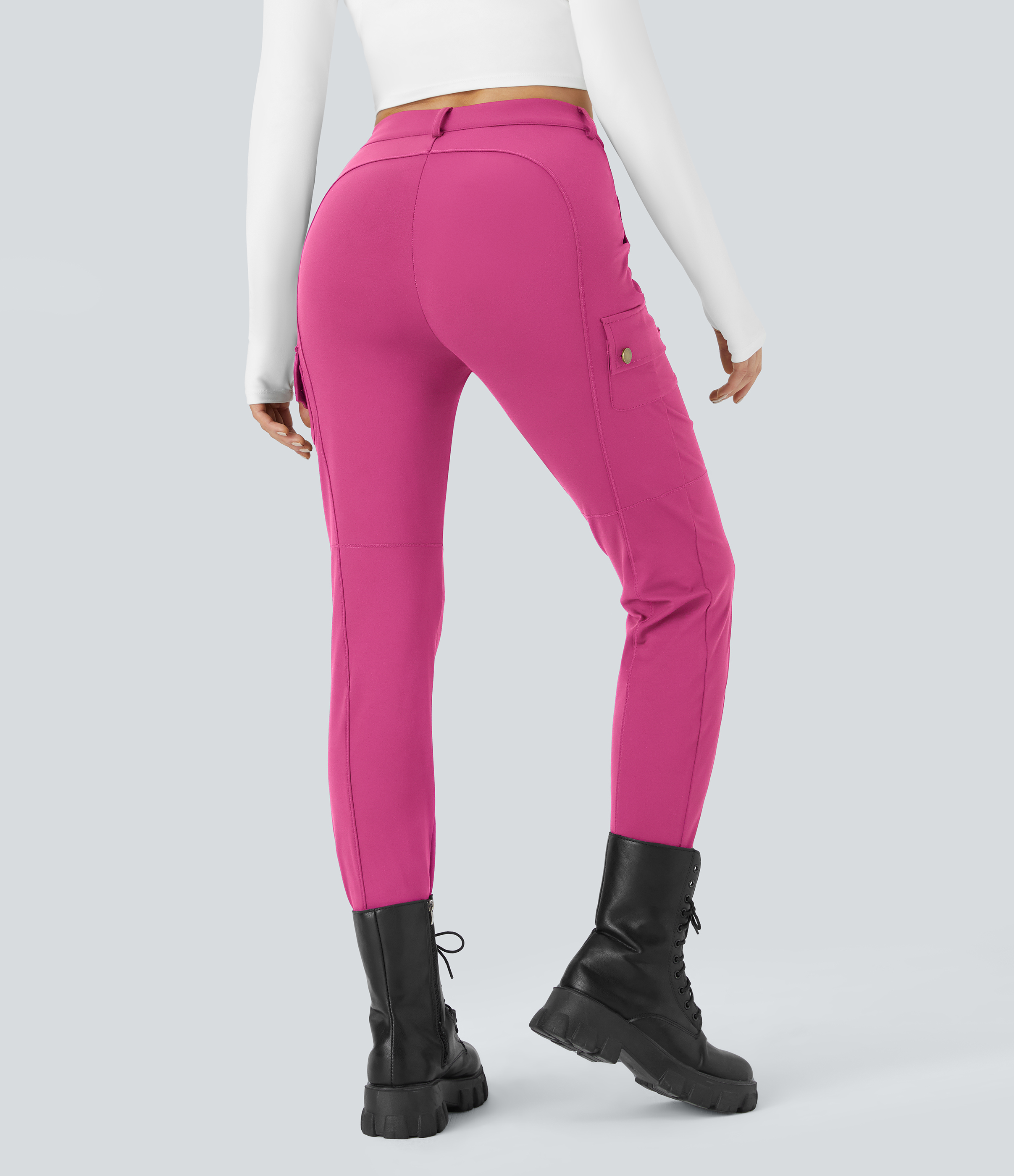 Halara High Waisted Button Zipper Multiple Pockets Solid Skinny Hiking Cargo Pants  - Raspberry Rose - XL(petite) 