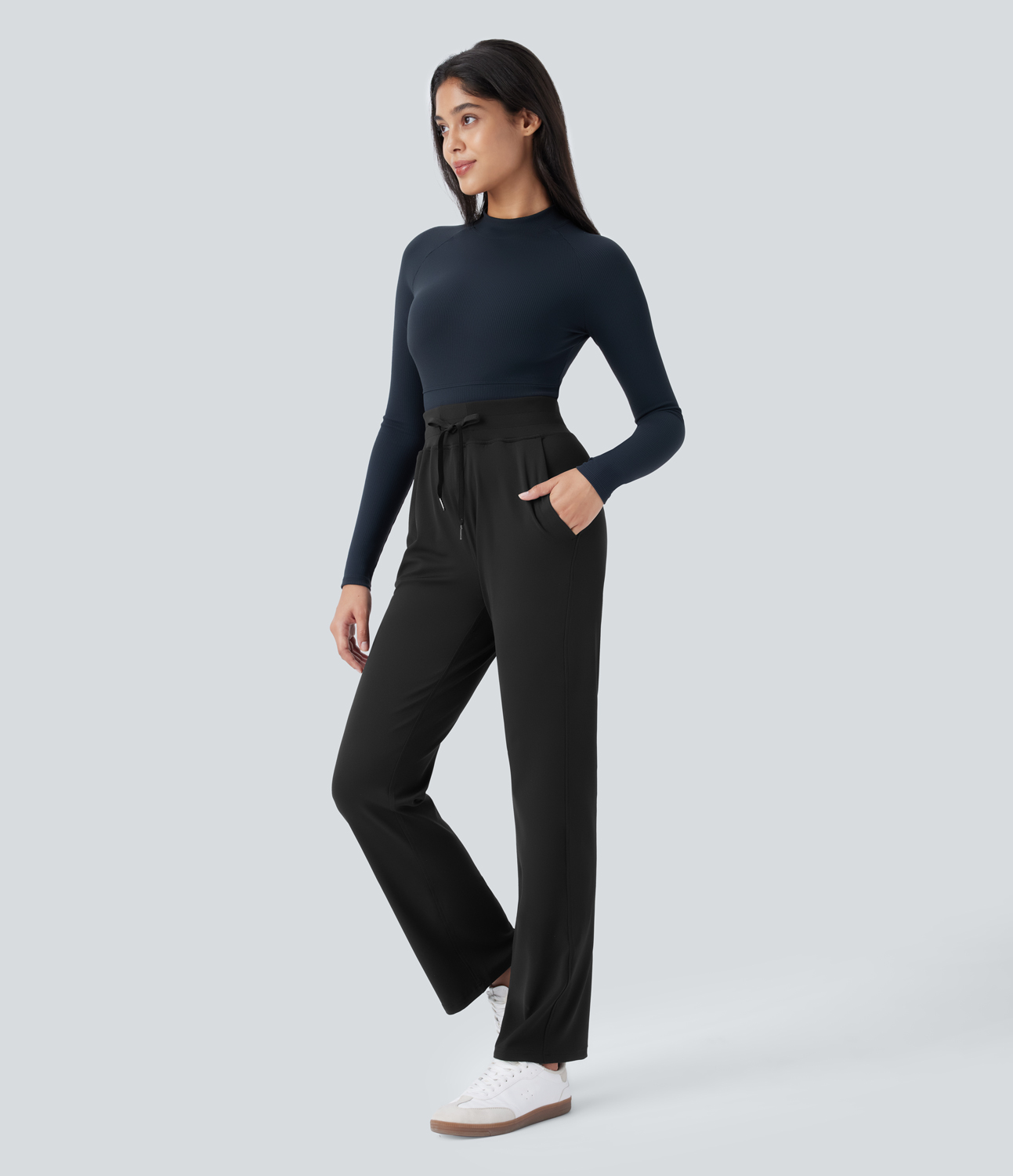 Halara Mid Rise Drawstring Side Pocket Straight Leg Yoga Pants  - Black - L 