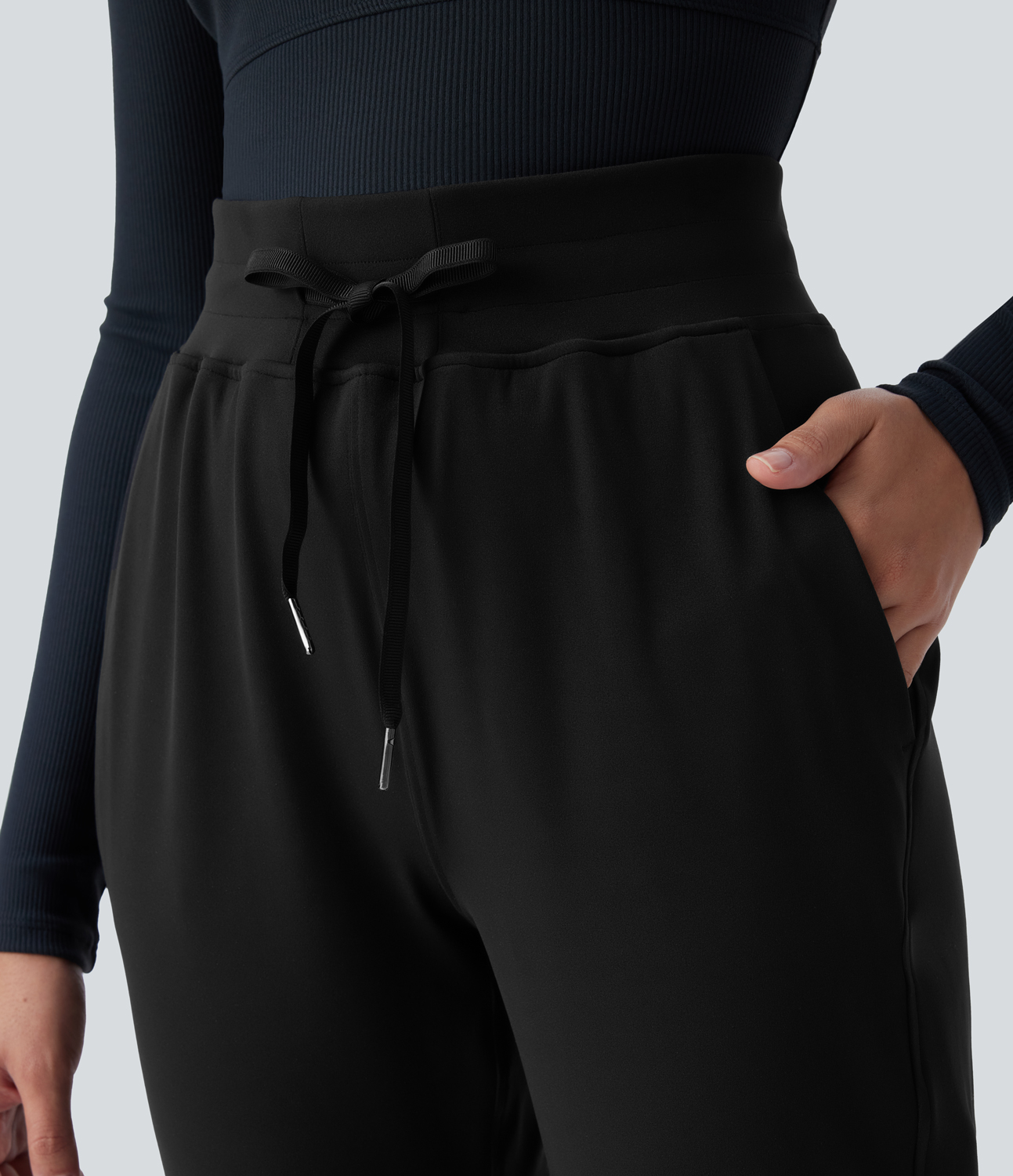 Halara Mid Rise Drawstring Side Pocket Straight Leg Yoga Pants  - Black - L 
