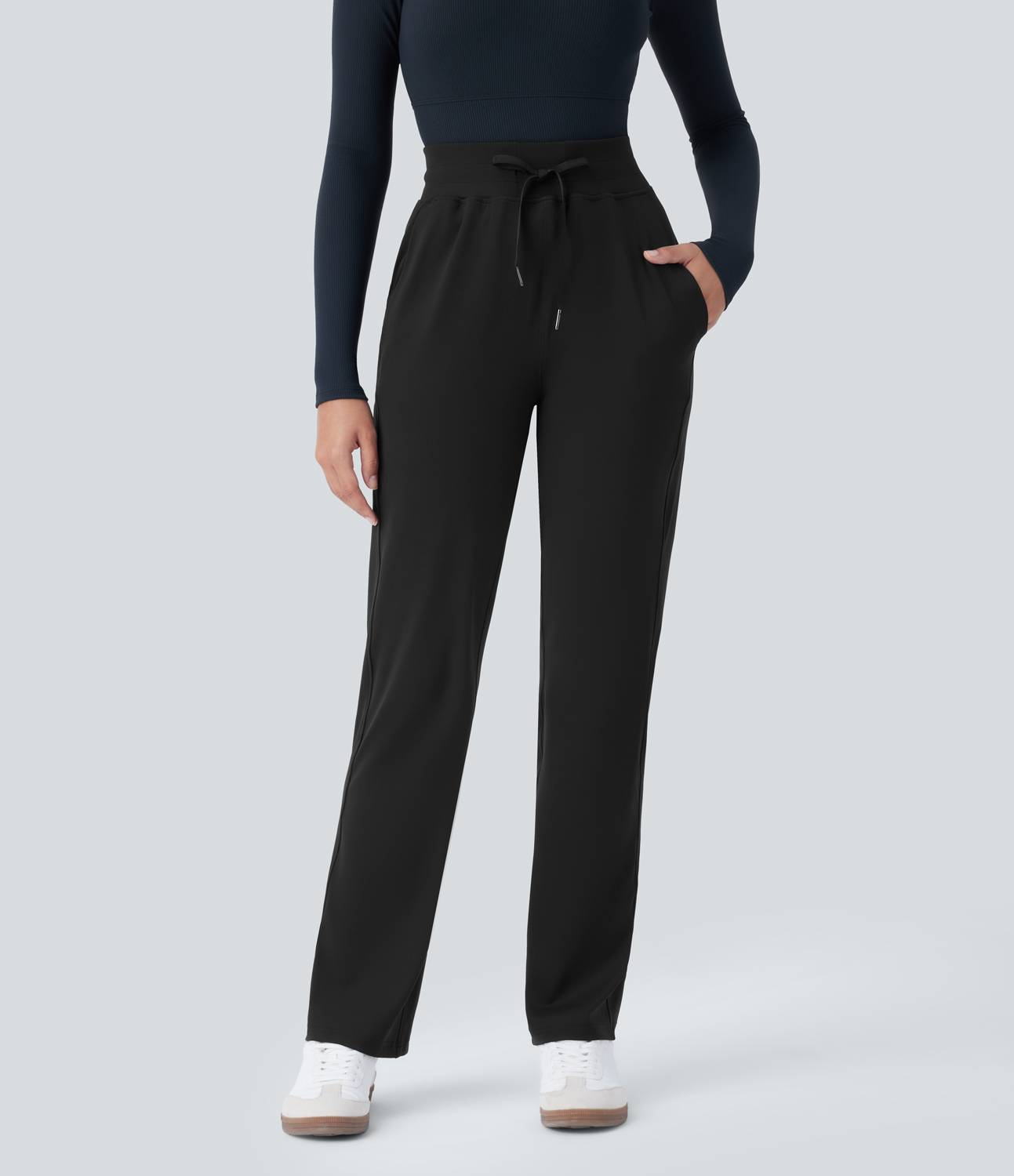 Halara Mid Rise Drawstring Side Pocket Straight Leg Yoga Pants  - Black - L 