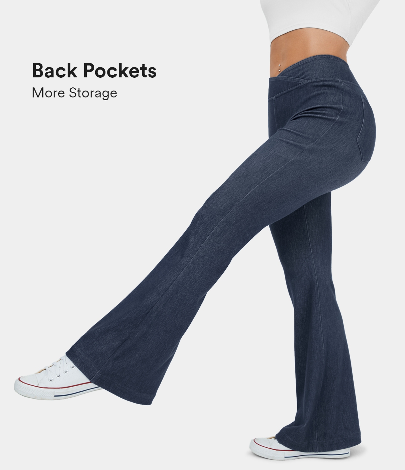 

Halara HalaraMagicв„ў High Waisted Crossover Back Pocket Stretchy Knit Casual Flare Jeans - Washed Denim Dark Blue