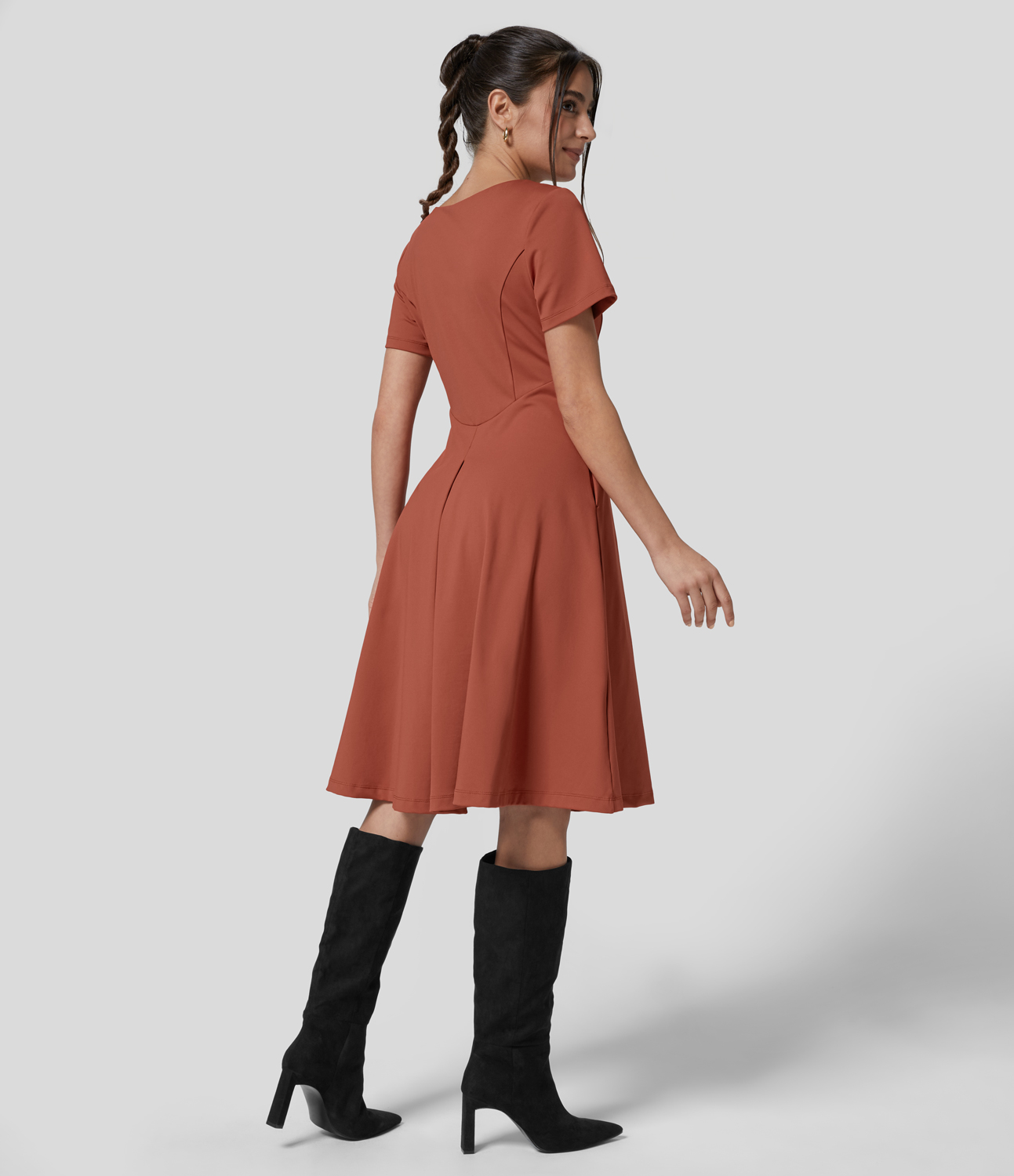 Halara Softlyzeroв„ў Eco Round Neck Side Pocket Corset Plicated Flare Midi Work Dress Casual Dress - Cinnabar - L slip dress beach dress 
