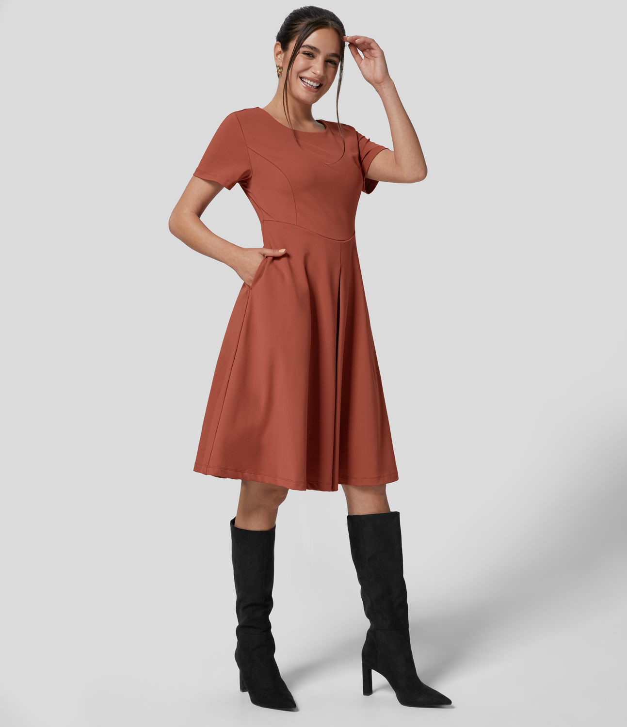 Halara Softlyzeroв„ў Eco Round Neck Side Pocket Corset Plicated Flare Midi Work Dress Casual Dress - Cinnabar - L slip dress beach dress 