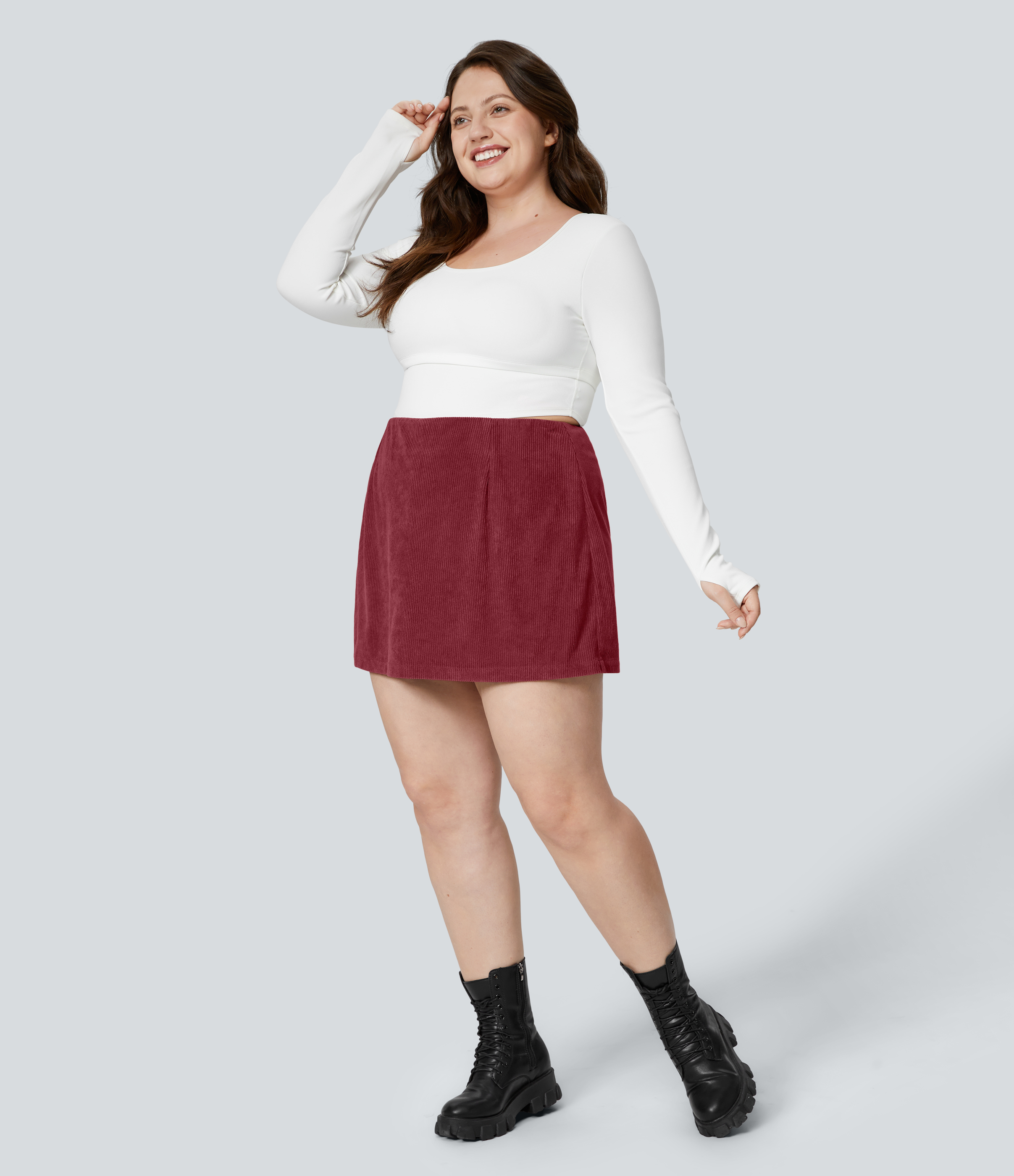 Halara High Waisted Invisible Zipper 2-in-1 A Line Mini Corduroy Casual Plus Size Skirt  - Pomegranate - 3X(regular) 