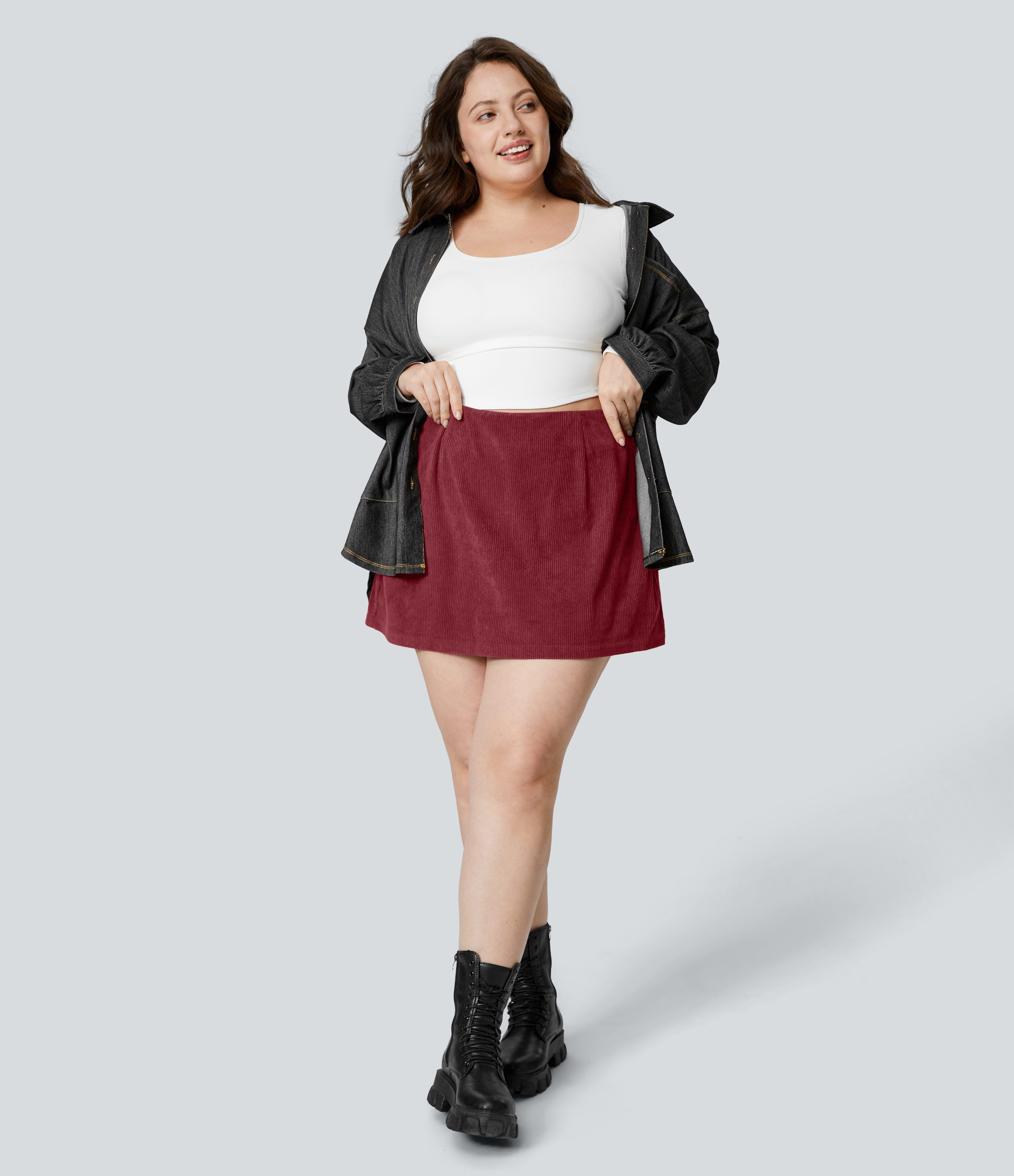 Halara High Waisted Invisible Zipper 2-in-1 A Line Mini Corduroy Casual Plus Size Skirt  - Pomegranate - 3X(regular) 
