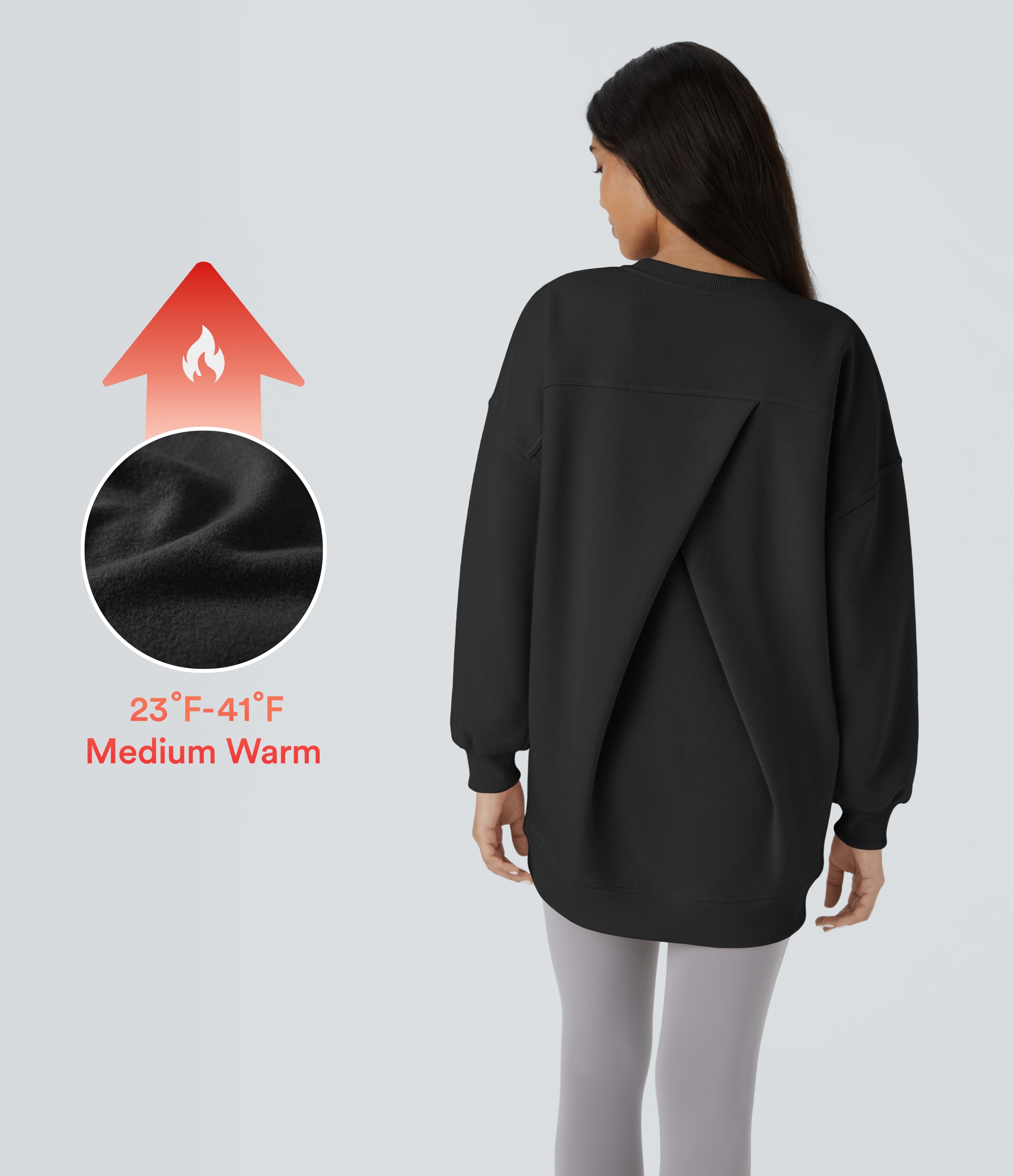 Halara Round Neck Long Sleeve Side Pocket Oversize Fleece Casual Sweatshirt  - Black - XL 