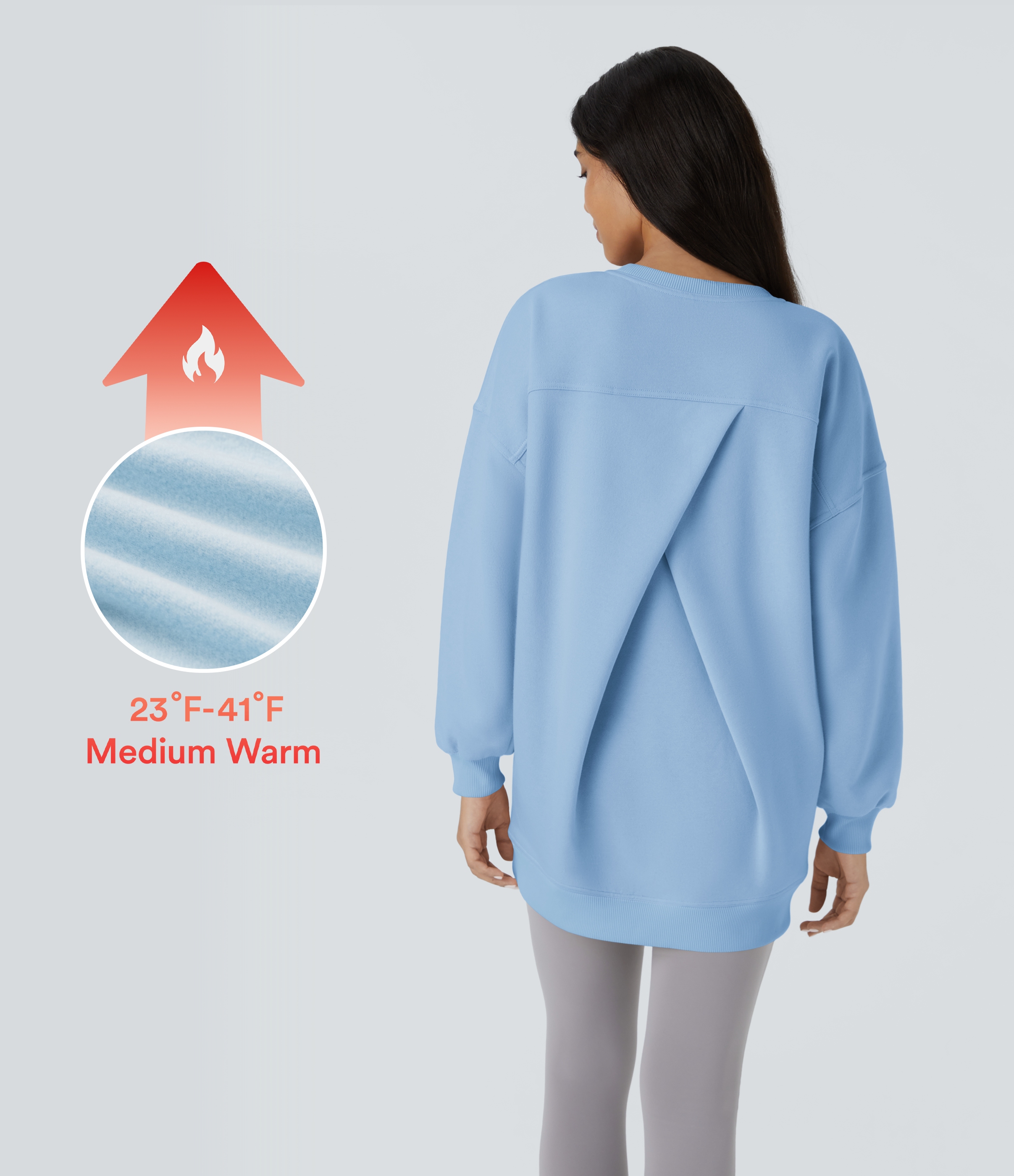 Halara Round Neck Long Sleeve Side Pocket Oversize Fleece Casual Sweatshirt  - Cool Ice Blue - M 