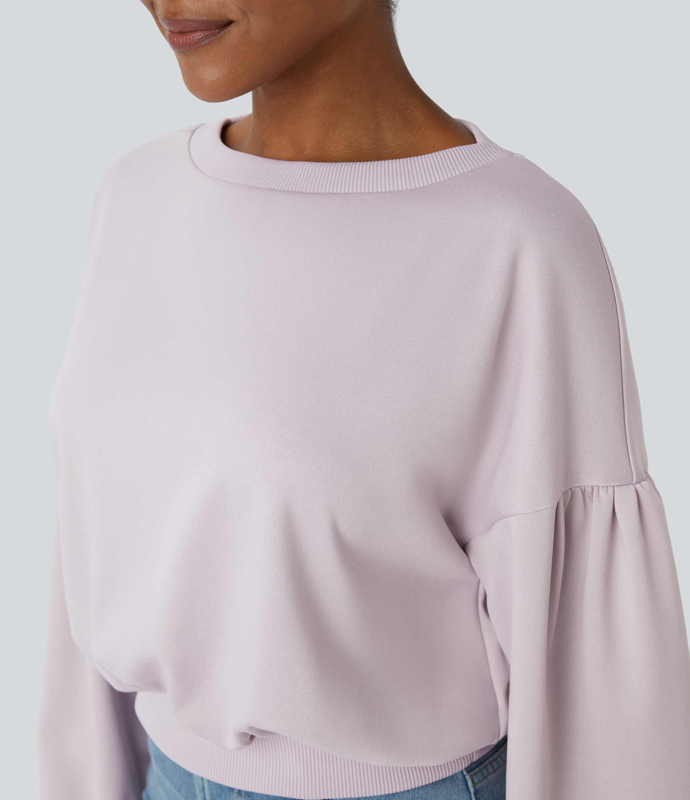 Halara Round Neck Dropped Shoulder Plicated Bishop Sleeve Relaxed Casual Sweatshirt  - Porcelain Pink - S 