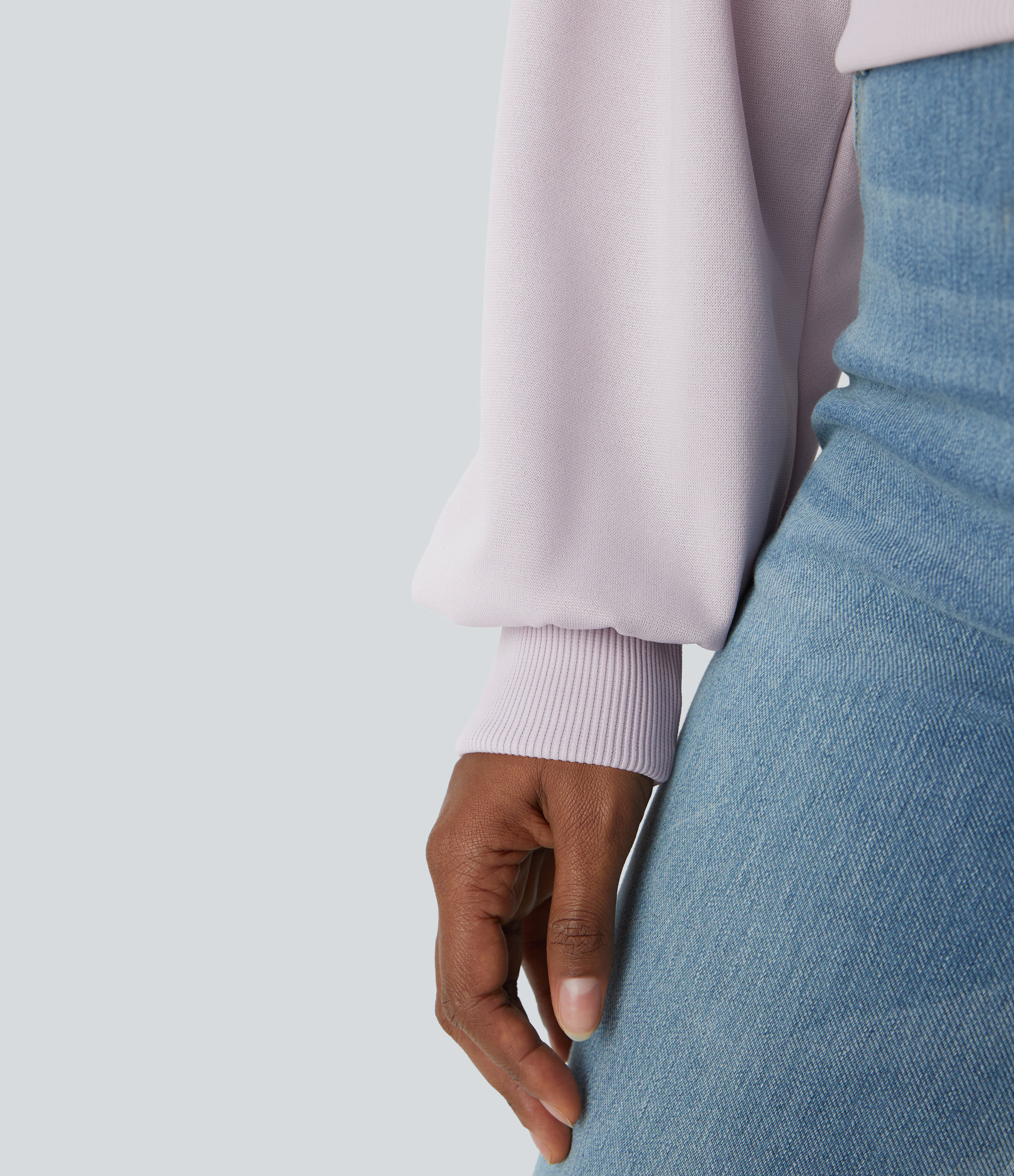 Halara Round Neck Dropped Shoulder Plicated Bishop Sleeve Relaxed Casual Sweatshirt  - Porcelain Pink - S 