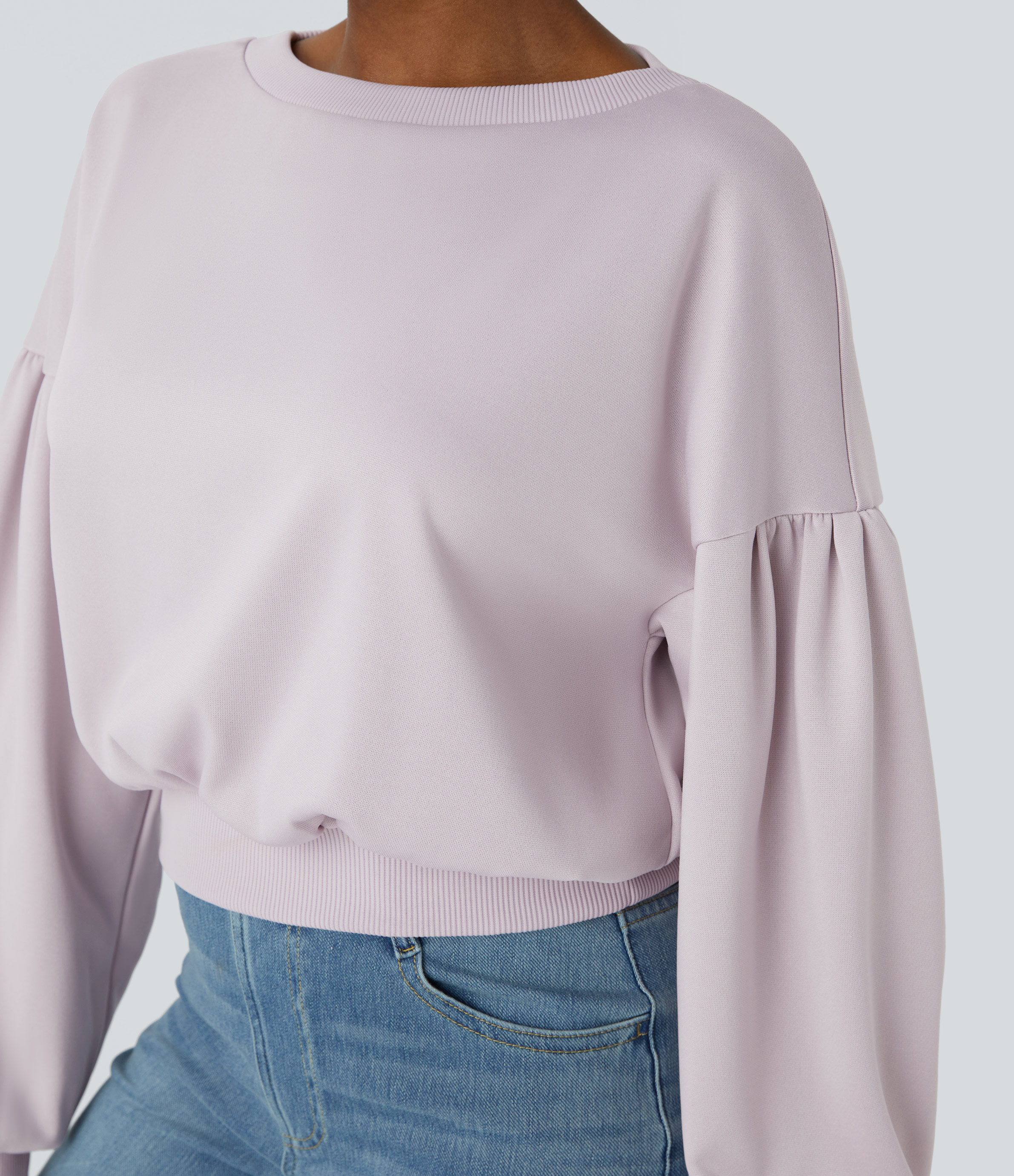 Halara Round Neck Dropped Shoulder Plicated Bishop Sleeve Relaxed Casual Sweatshirt  - Porcelain Pink - S 