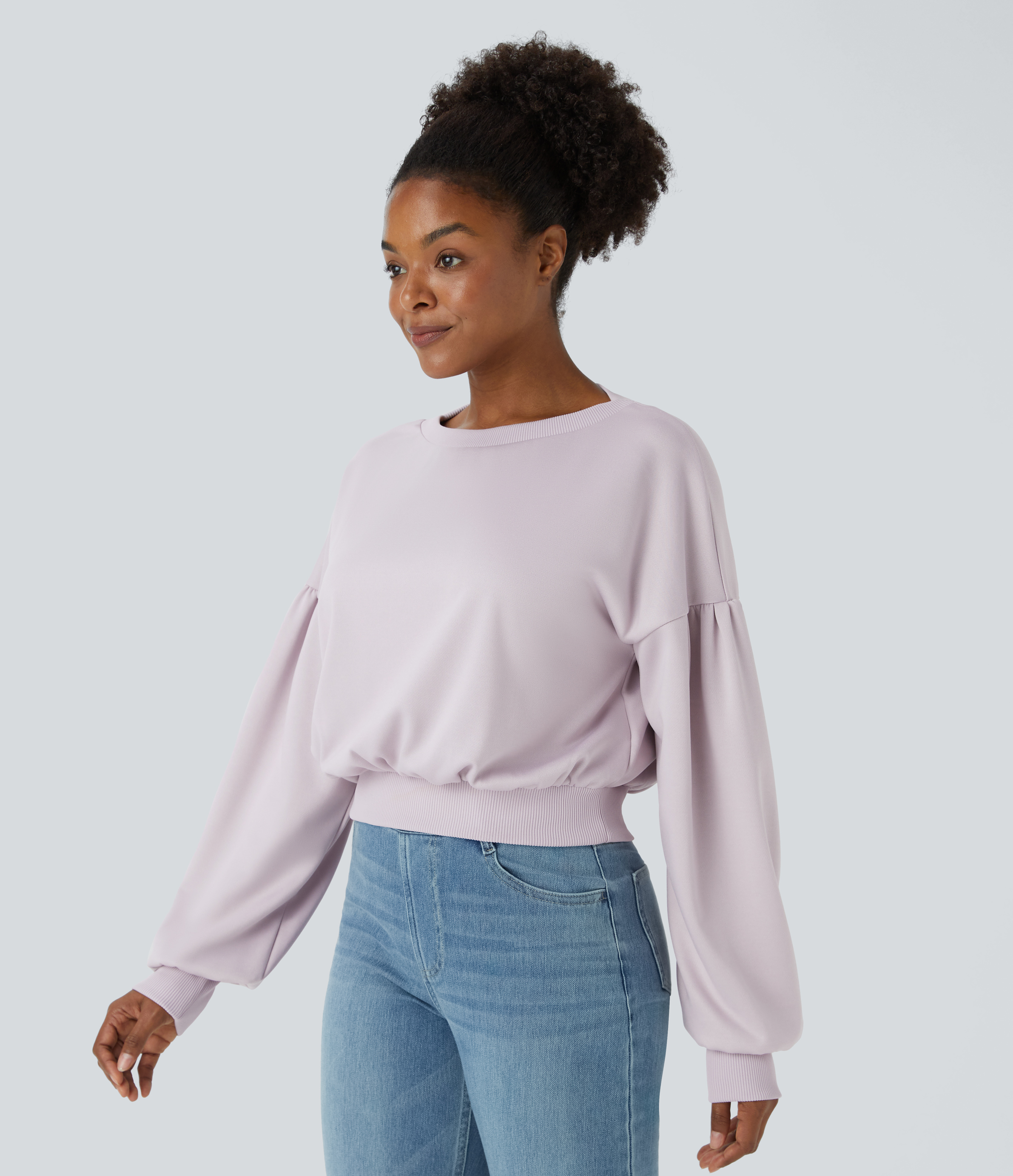 Halara Round Neck Dropped Shoulder Plicated Bishop Sleeve Relaxed Casual Sweatshirt  - Porcelain Pink - S 
