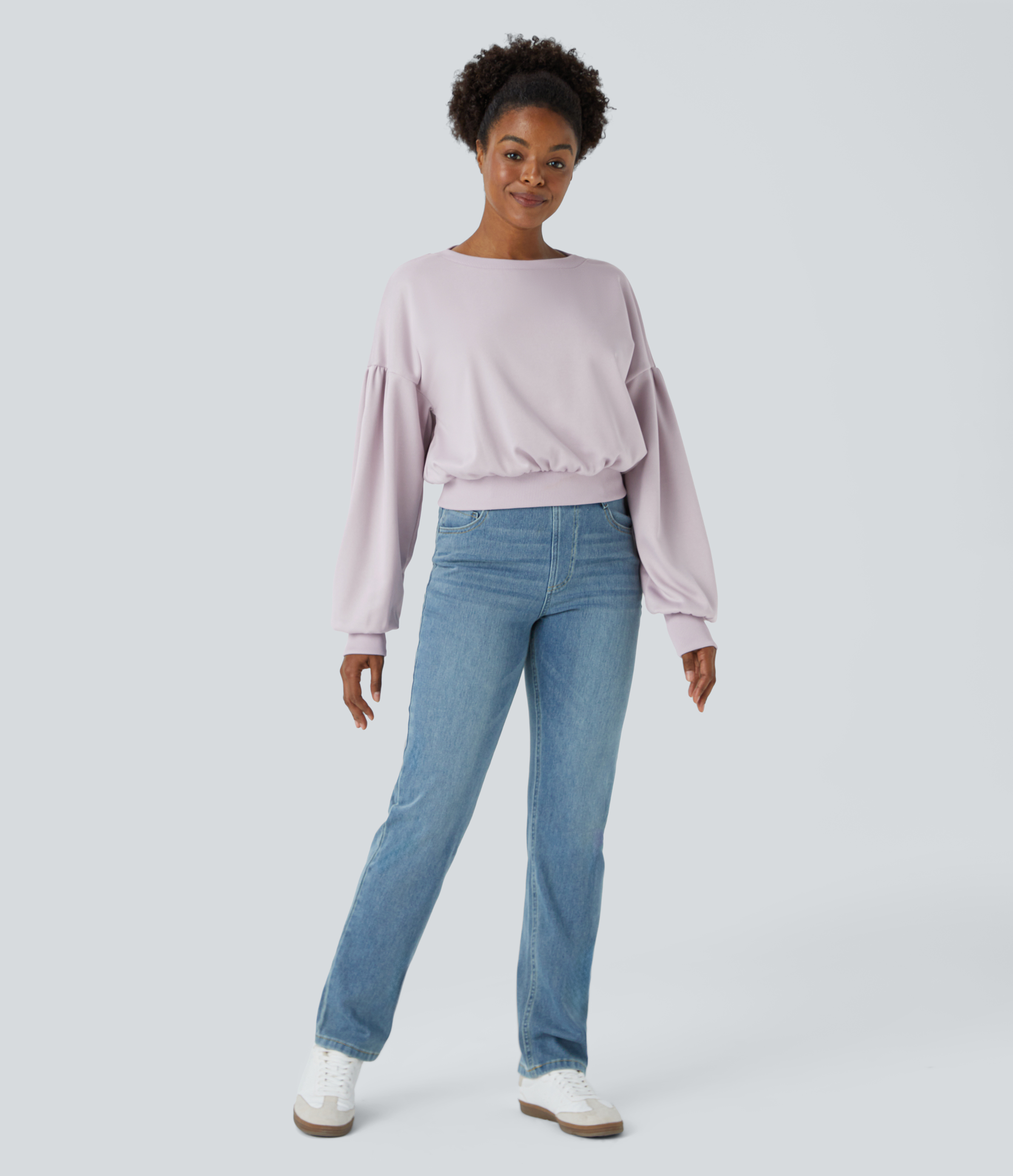 Halara Round Neck Dropped Shoulder Plicated Bishop Sleeve Relaxed Casual Sweatshirt  - Porcelain Pink - S 