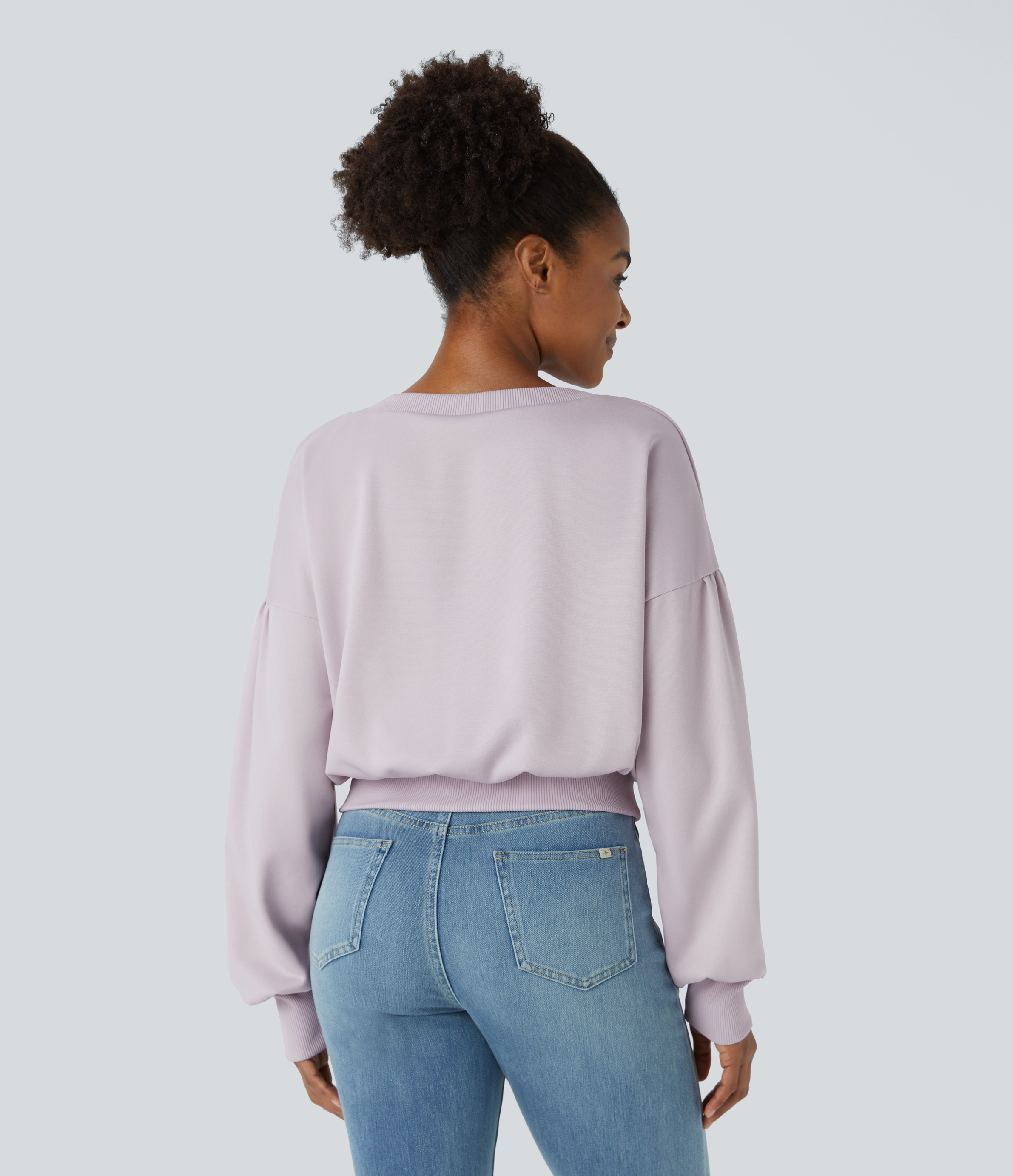 Halara Round Neck Dropped Shoulder Plicated Bishop Sleeve Relaxed Casual Sweatshirt  - Porcelain Pink - S 