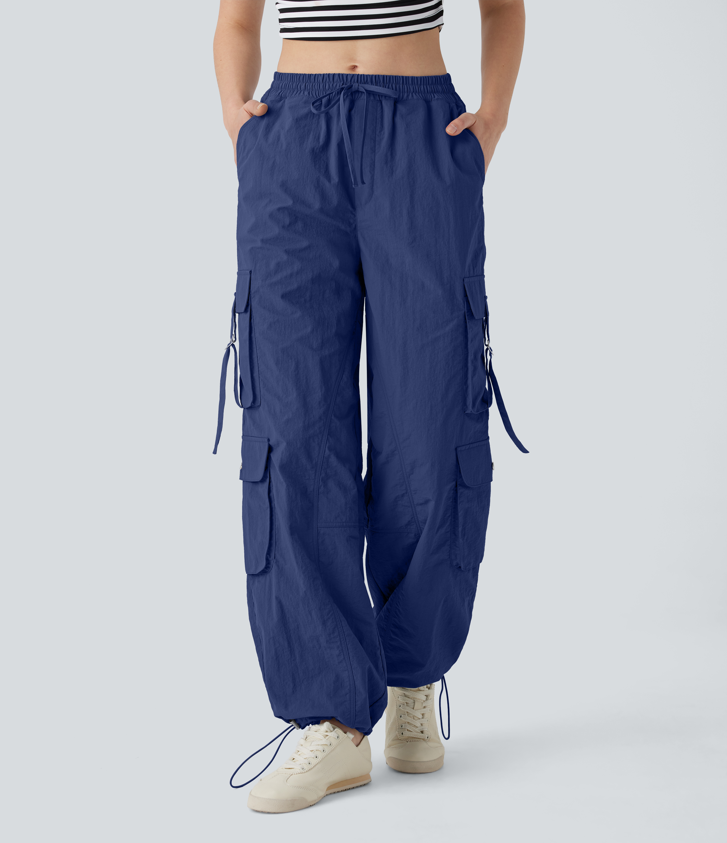 Halara Mid Rise Drawstring Multiple Pockets Adjustable Drawcord Baggy Casual Cargo Pants  - Dark Blue - L(regular) sweatpants jogger pants 