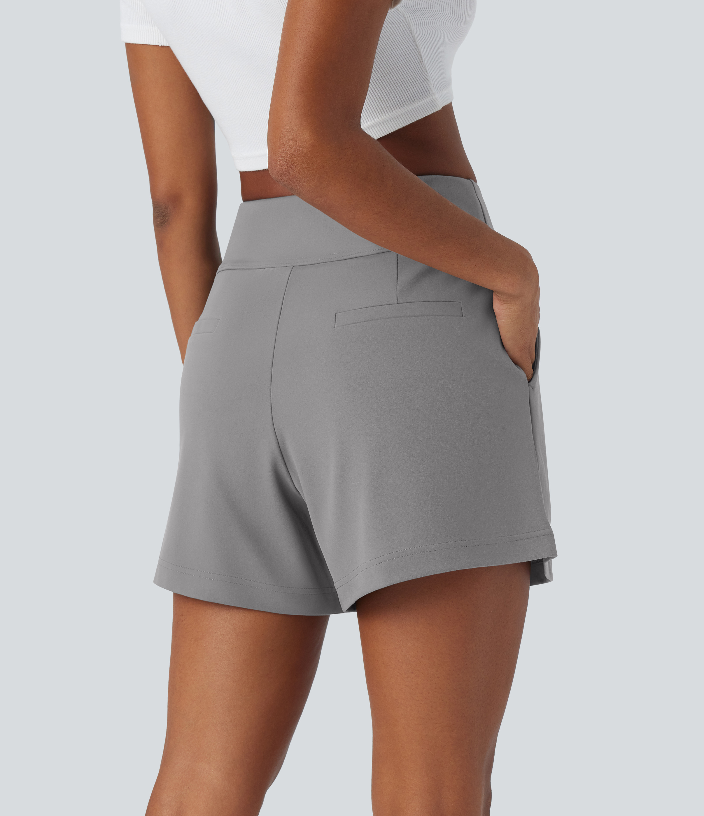 Halara High Waisted Plicated Side Pocket Wide Leg Work Shorts  - Silent Storm - M 