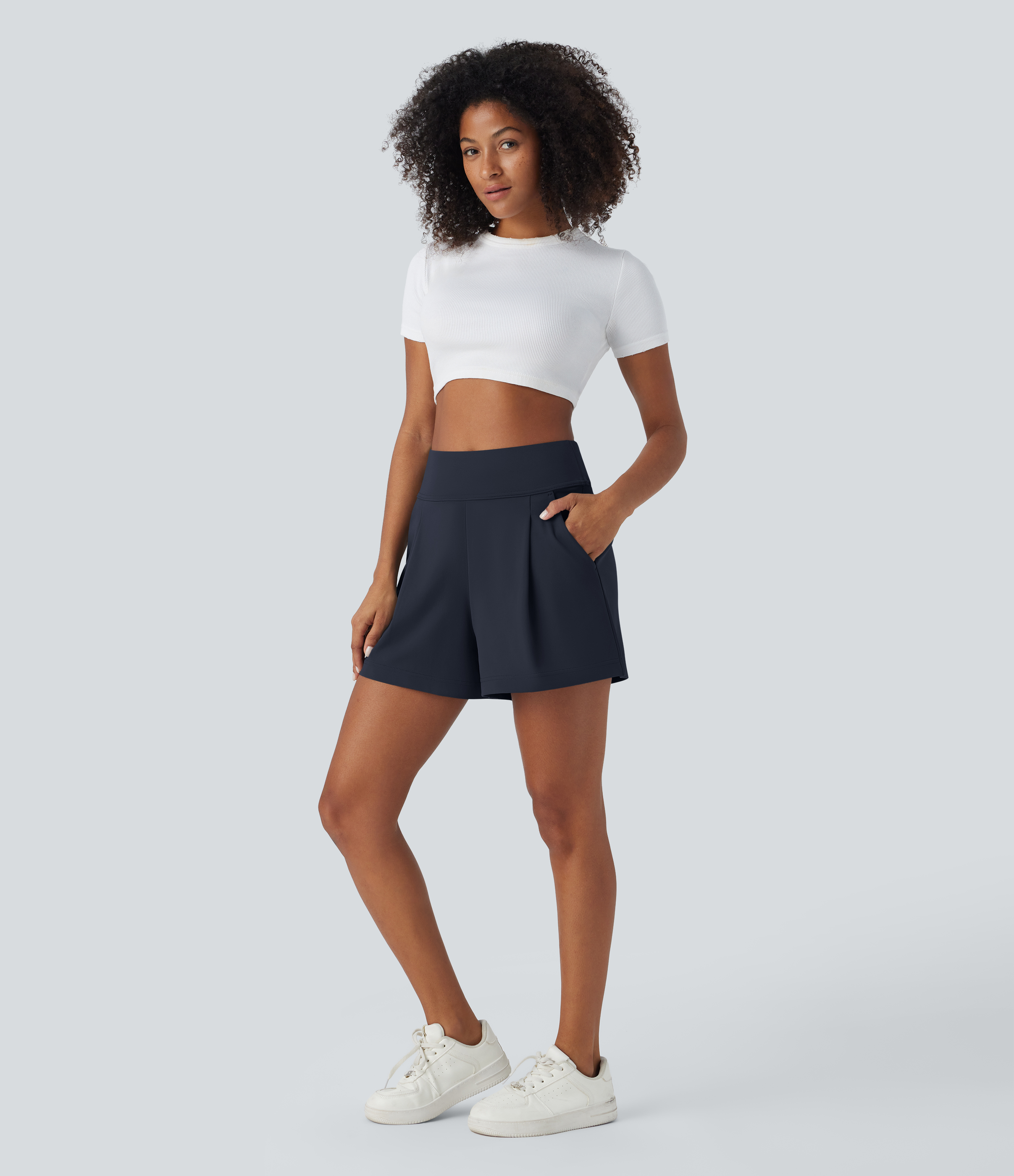 Halara High Waisted Plicated Side Pocket Wide Leg Work Shorts  - Midnight Blue - S 