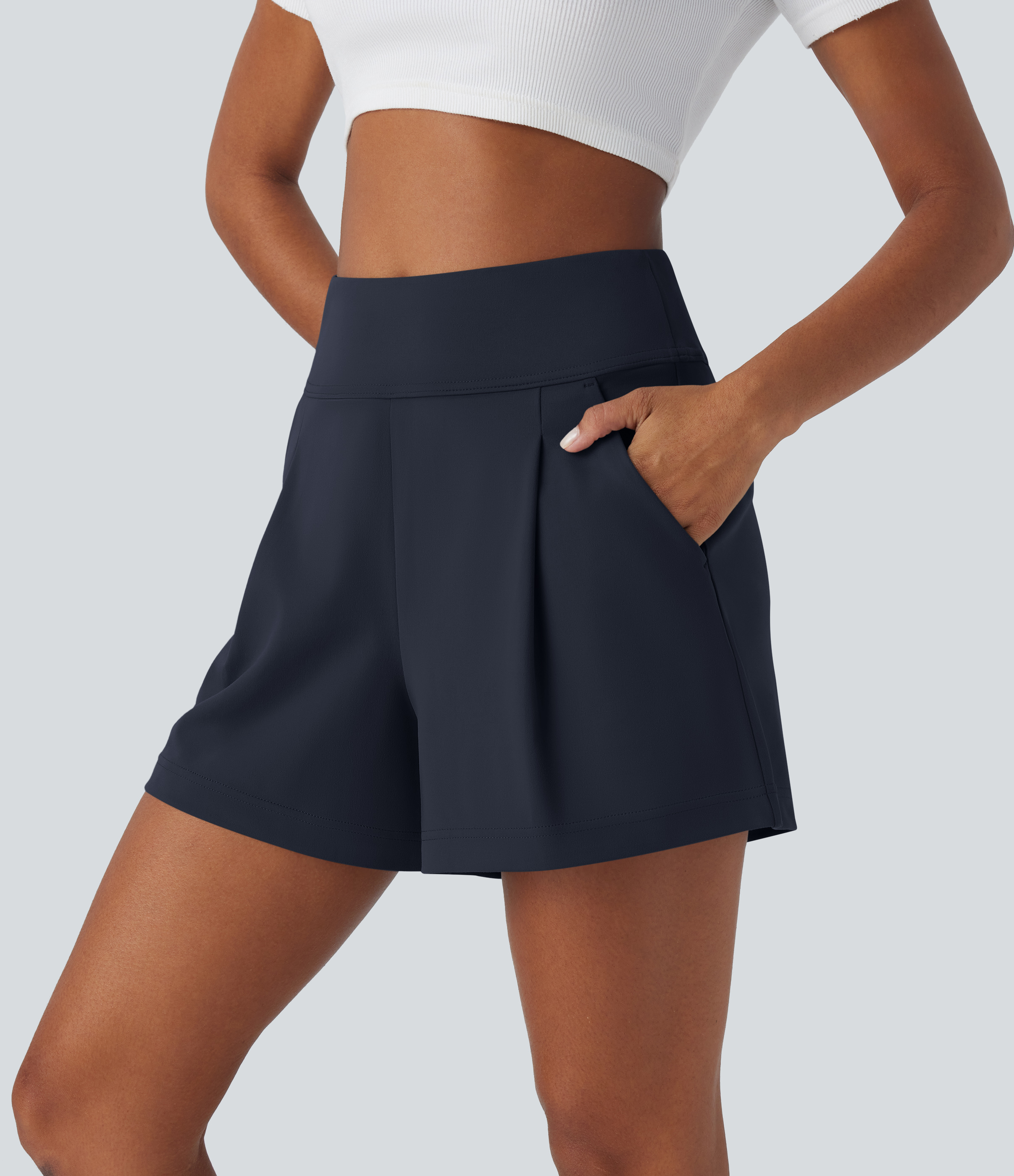 Halara High Waisted Plicated Side Pocket Wide Leg Work Shorts  - Midnight Blue - S 
