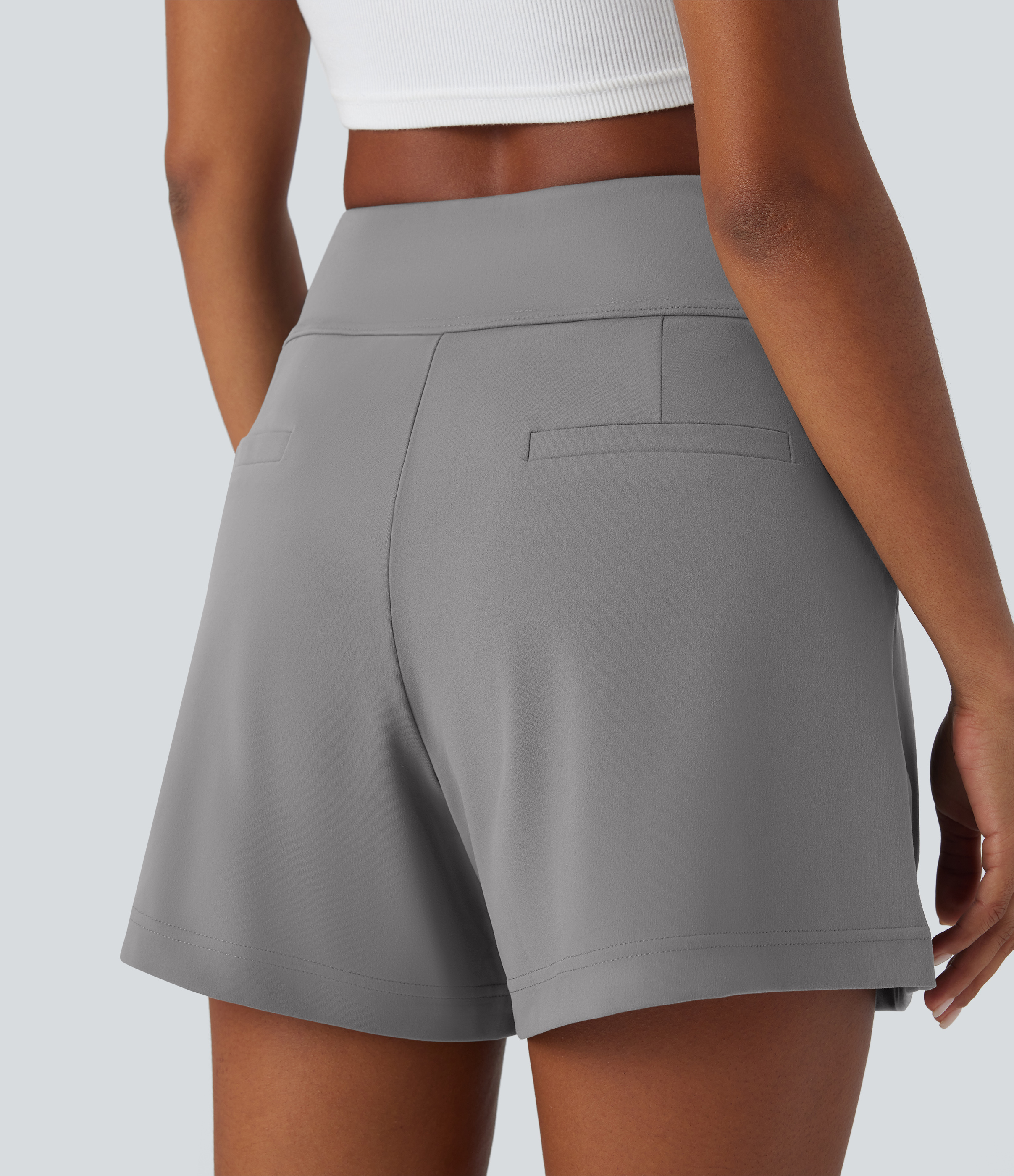 Halara High Waisted Plicated Side Pocket Wide Leg Work Shorts  - Silent Storm - M 