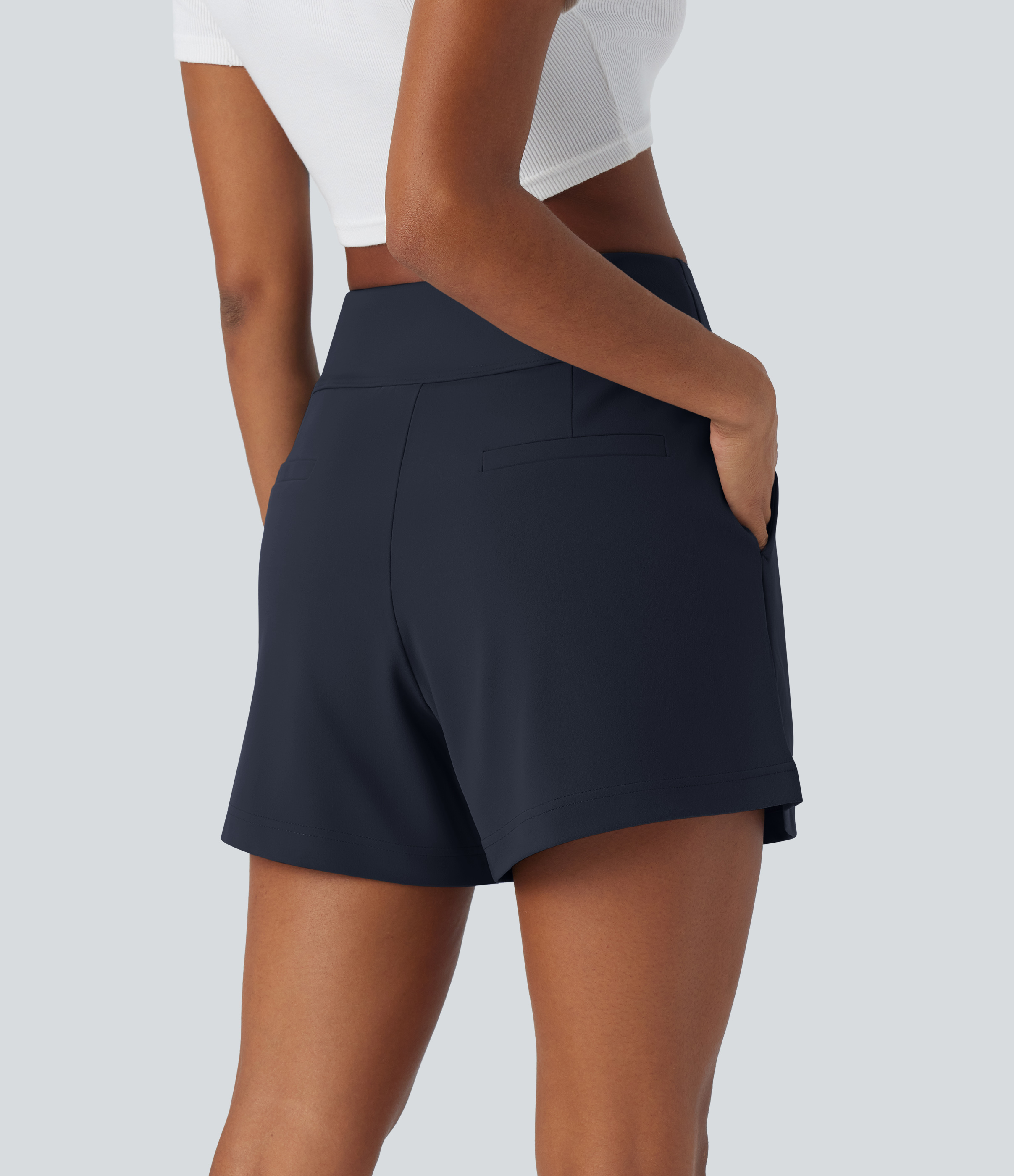 Halara High Waisted Plicated Side Pocket Wide Leg Work Shorts  - Midnight Blue - S 
