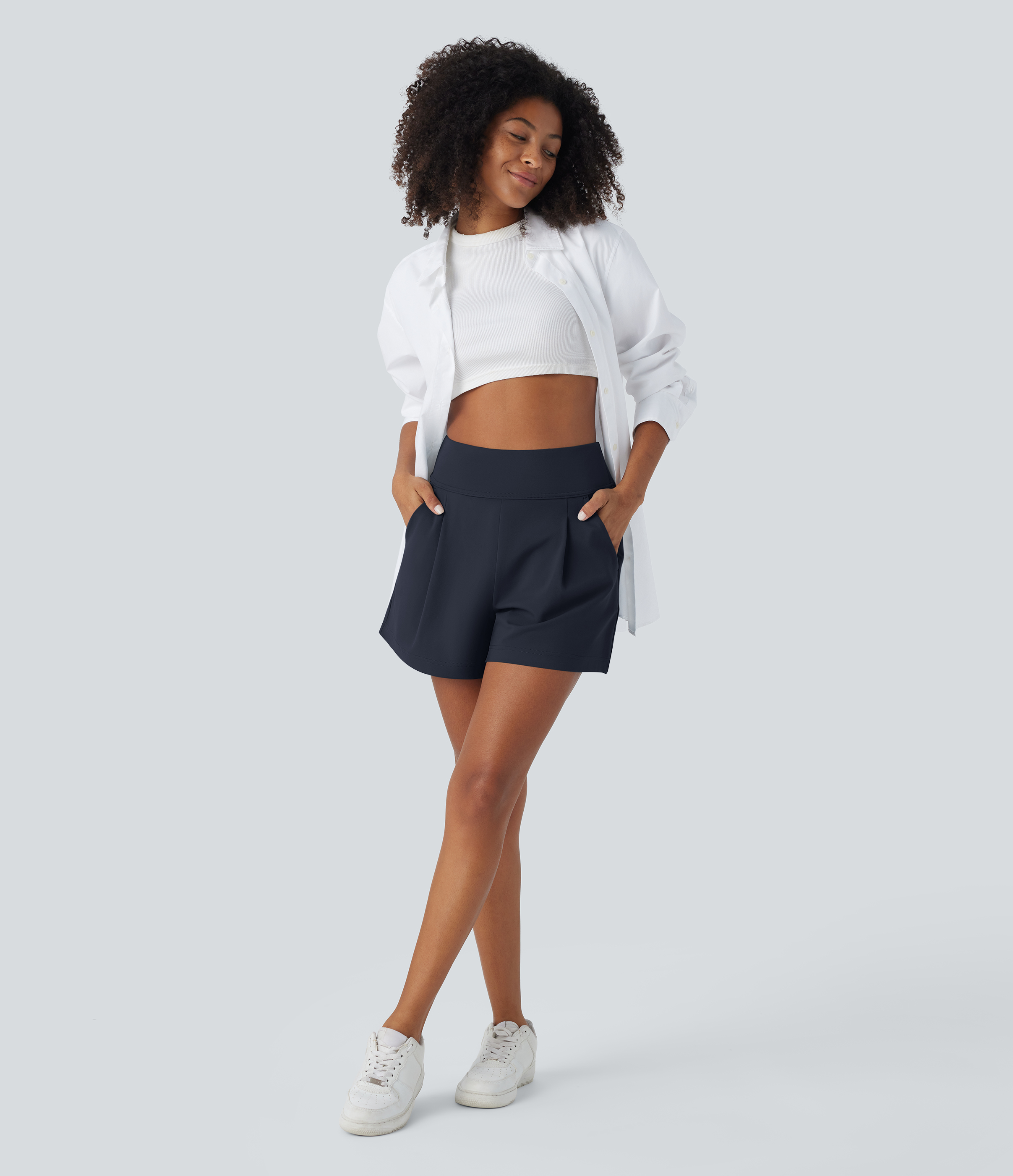 Halara High Waisted Plicated Side Pocket Wide Leg Work Shorts  - Midnight Blue - S 