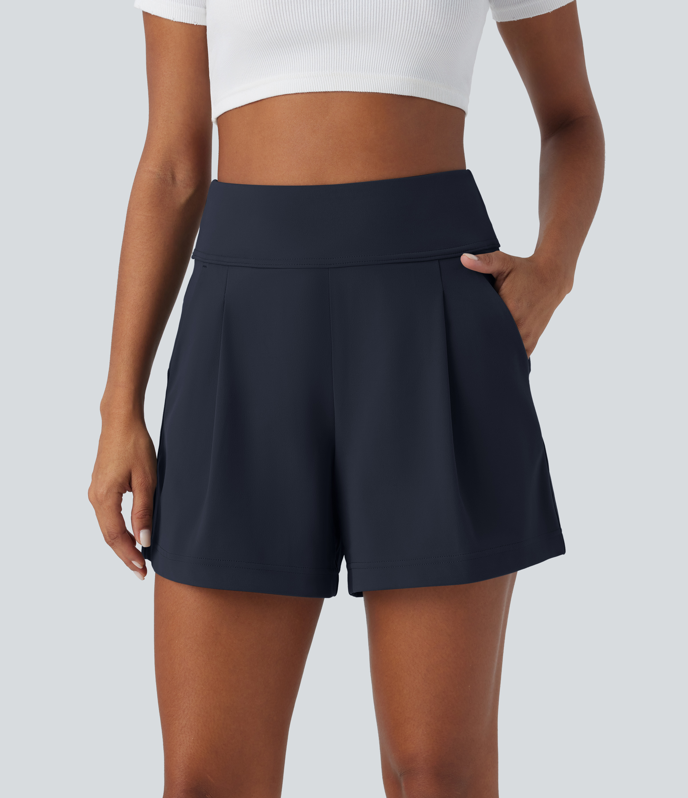 Halara High Waisted Plicated Side Pocket Wide Leg Work Shorts  - Midnight Blue - S 