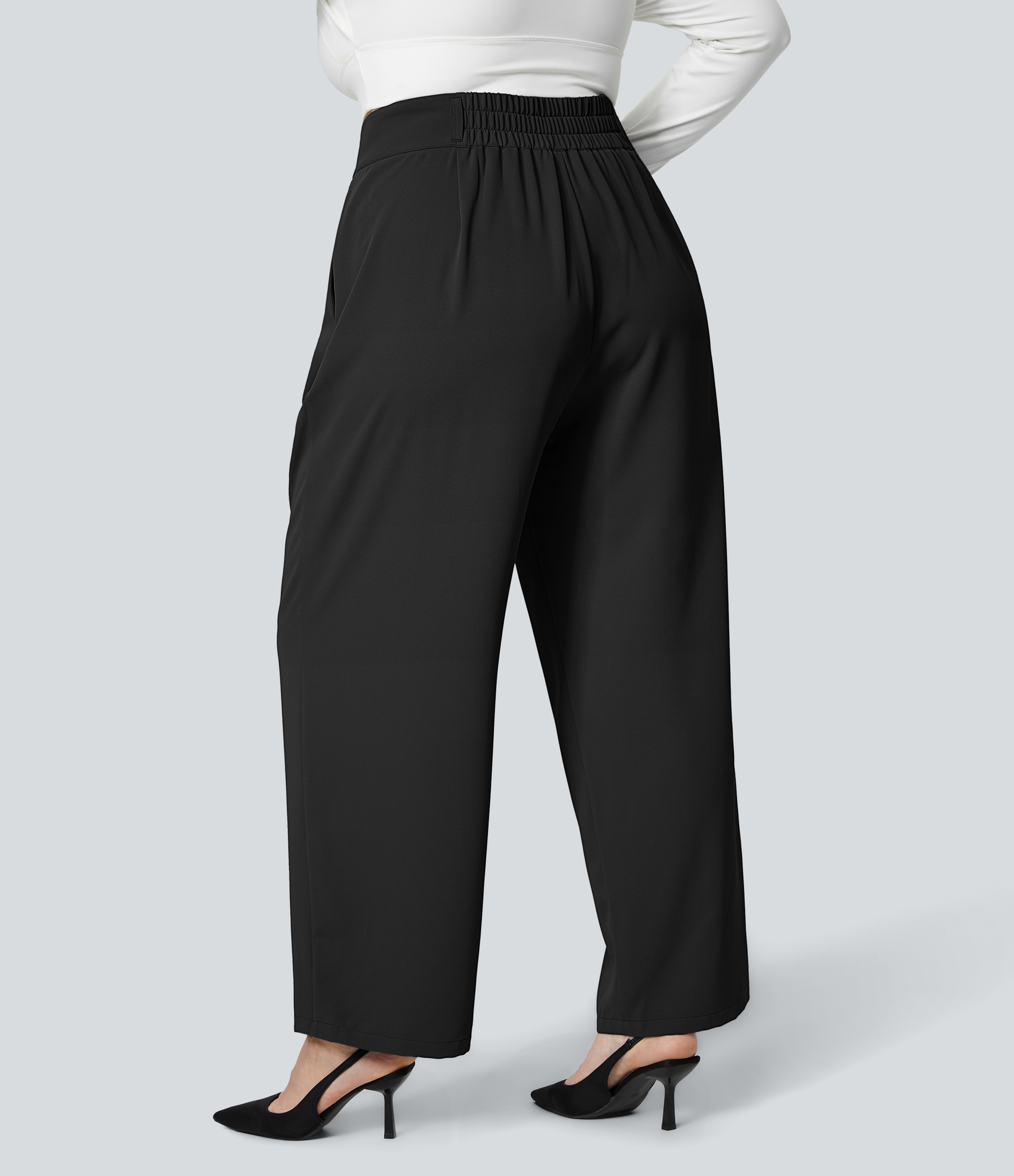 Negro Pantalón oficina tiro alto botón cremallera bolsillo lateral fruncido pierna recta talla grande / 2