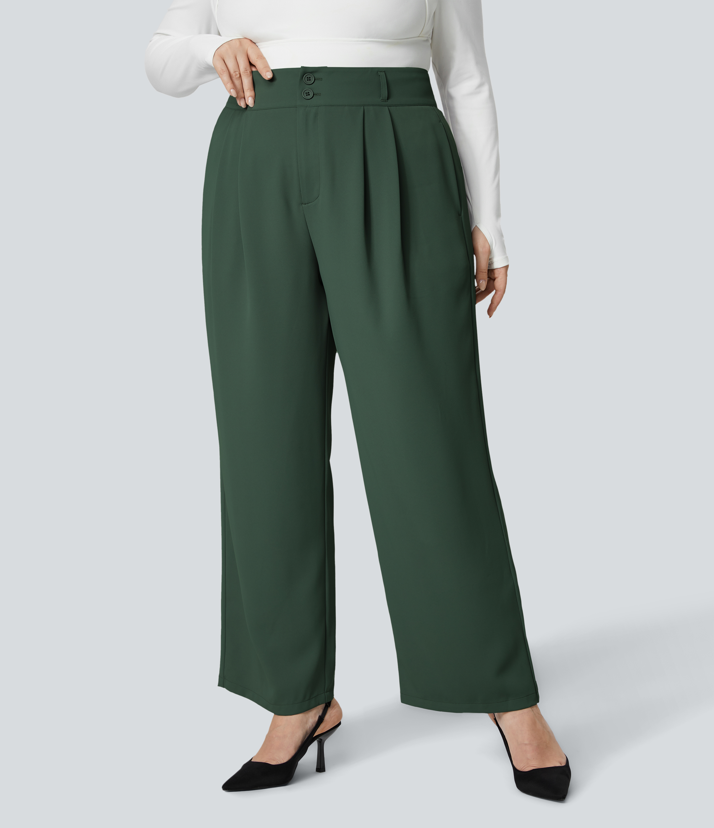 Halara High Waisted Button Zipper Plicated Side Pocket Shirred Straight Leg Work Plus Size Suit Pants  - Sycamore - 1X(regular) 