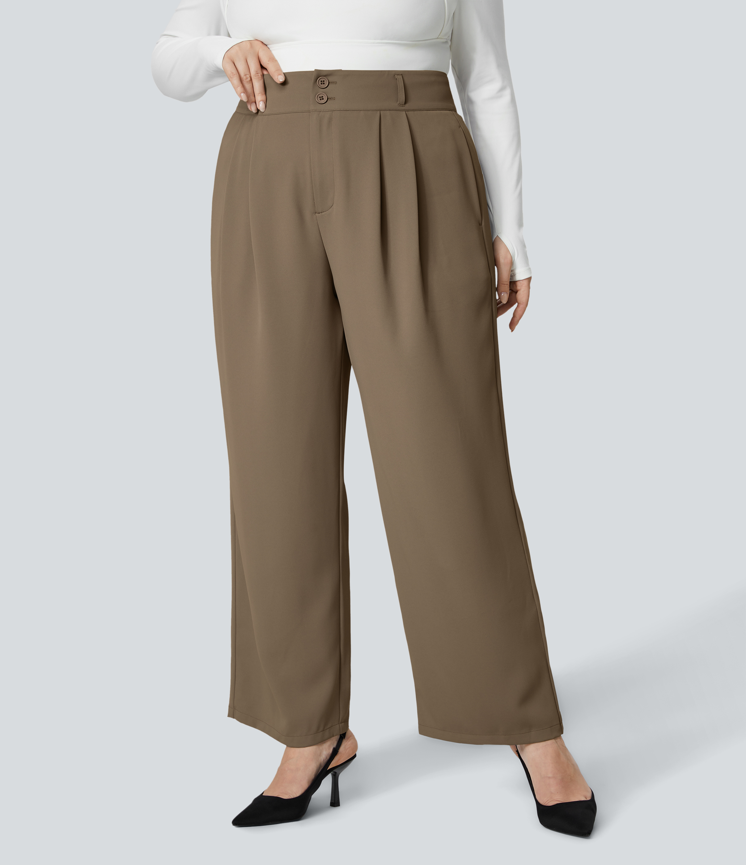 Halara High Waisted Button Zipper Plicated Side Pocket Shirred Straight Leg Work Plus Size Suit Pants  - Sepia Tint - 2X(regular) 