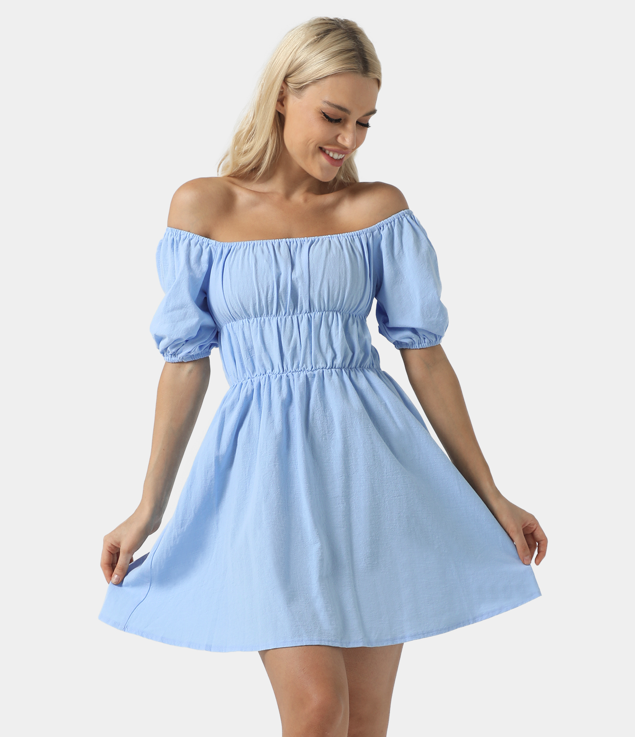 Women's Off Shoulder Short Puff Sleeve Ruched Mini Flare Dress HALARA