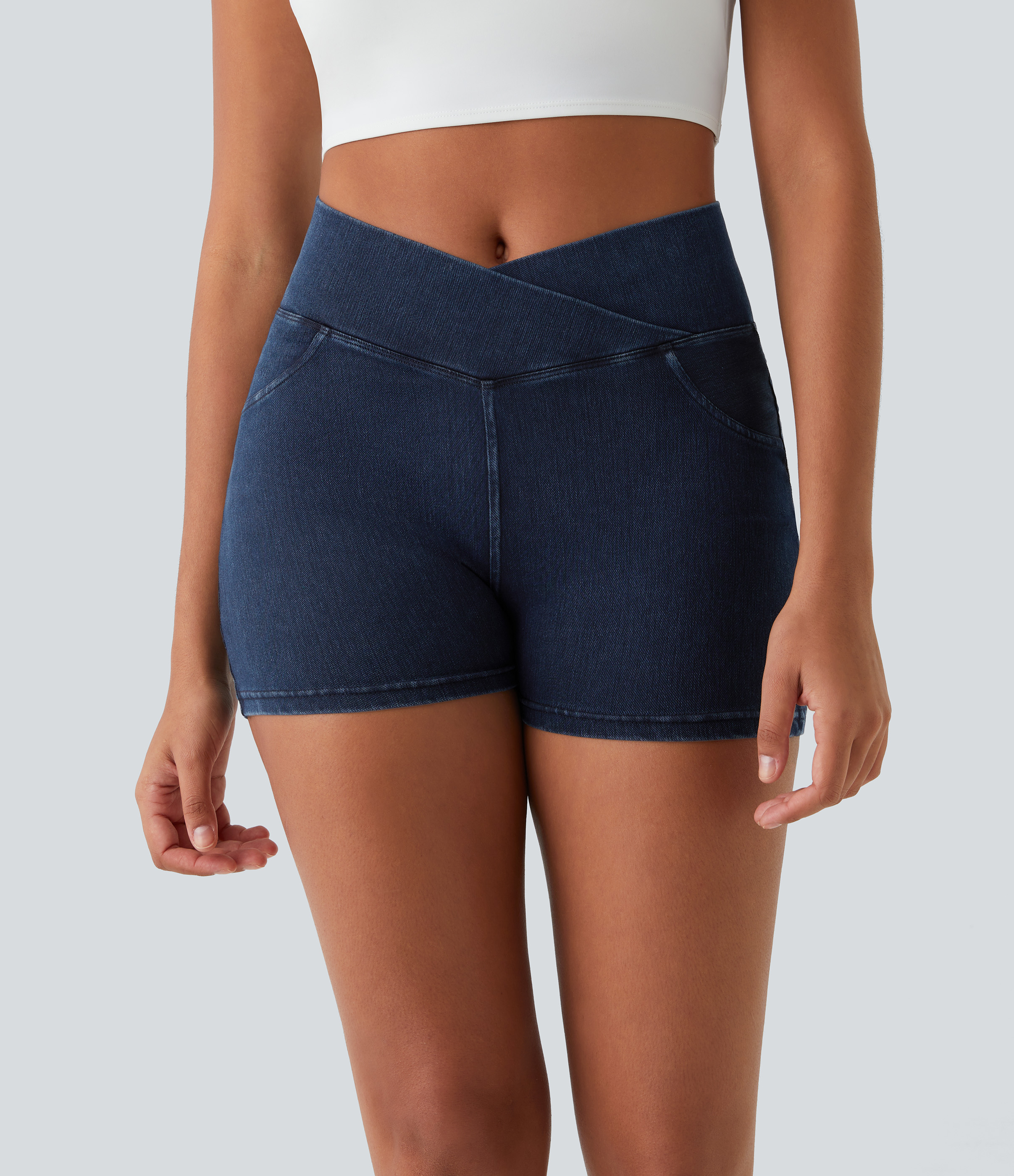 Washed Denim Navy Blue Pantalón corto Halara Flex™ Denim elástico bolsillo lateral cruzado trasera tiro alto 7.5cm / 2